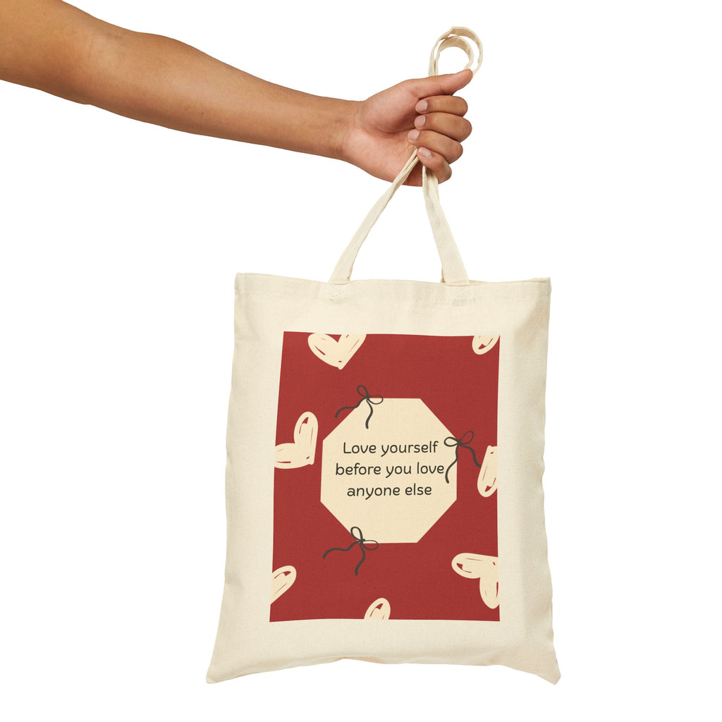 Tote Bag — 'Love Yourself First' Heart Canvas Tote, Self-Care Quote Eco Shopper