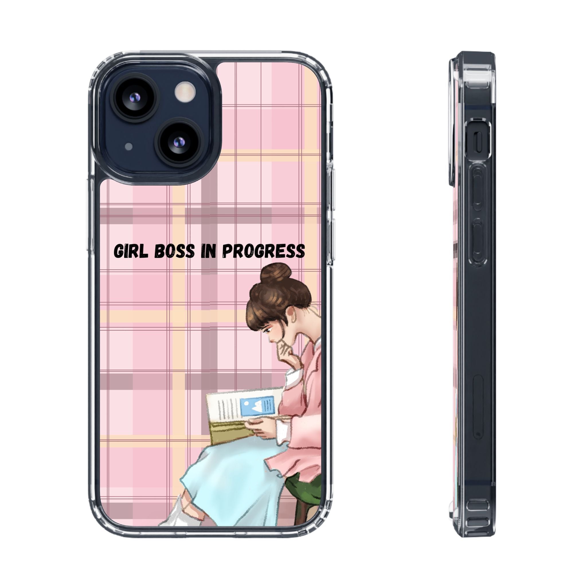 Girl Boss in Progress Clear Phone Case – Pink Plaid Feminine iPhone Cover