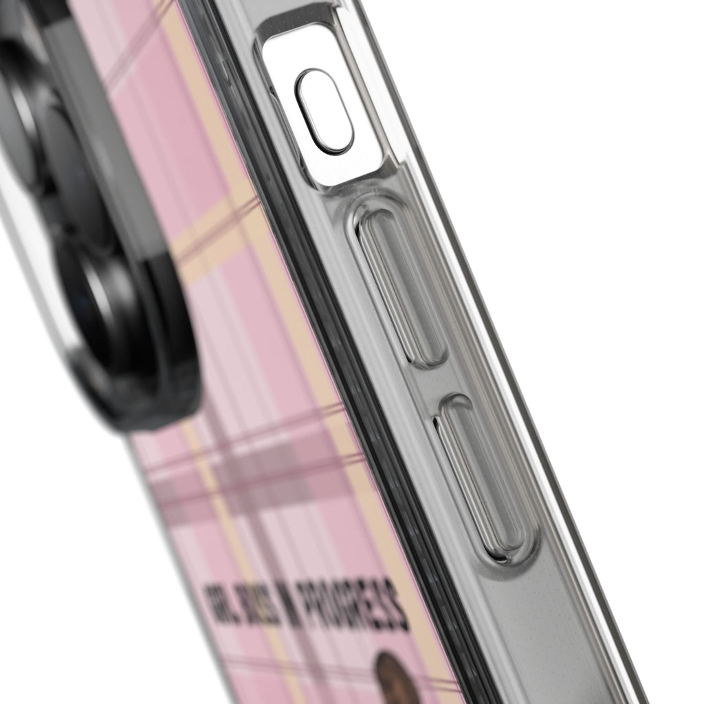 Girl Boss in Progress Clear Phone Case – Pink Plaid Feminine iPhone Cover