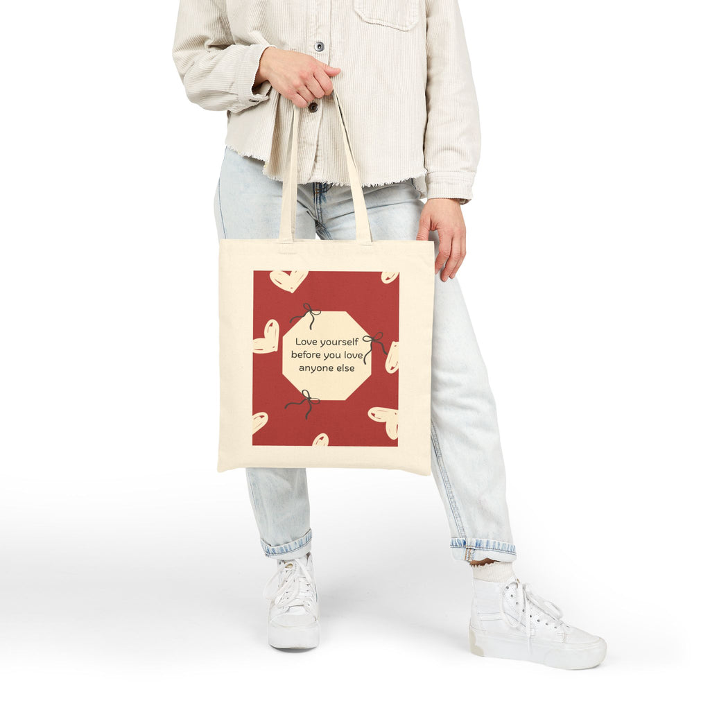 Tote Bag — 'Love Yourself First' Heart Canvas Tote, Self-Care Quote Eco Shopper