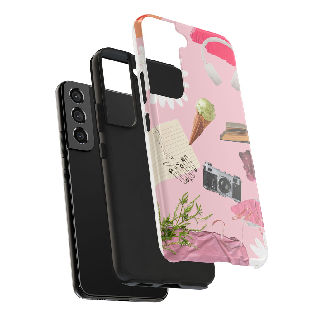 Pastel Collage Tough Phone Case – Cute Floral, Camera & Snacks Pattern