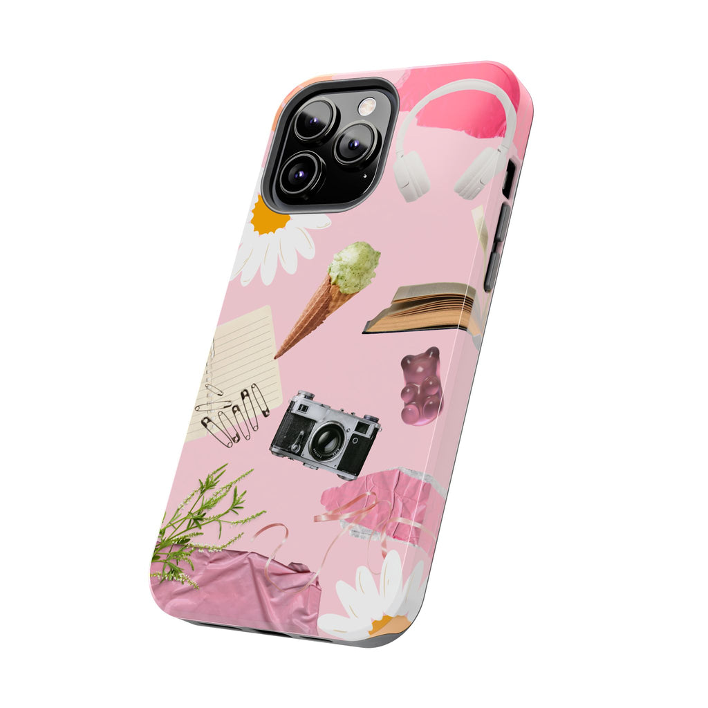 Pastel Collage Tough Phone Case – Cute Floral, Camera & Snacks Pattern