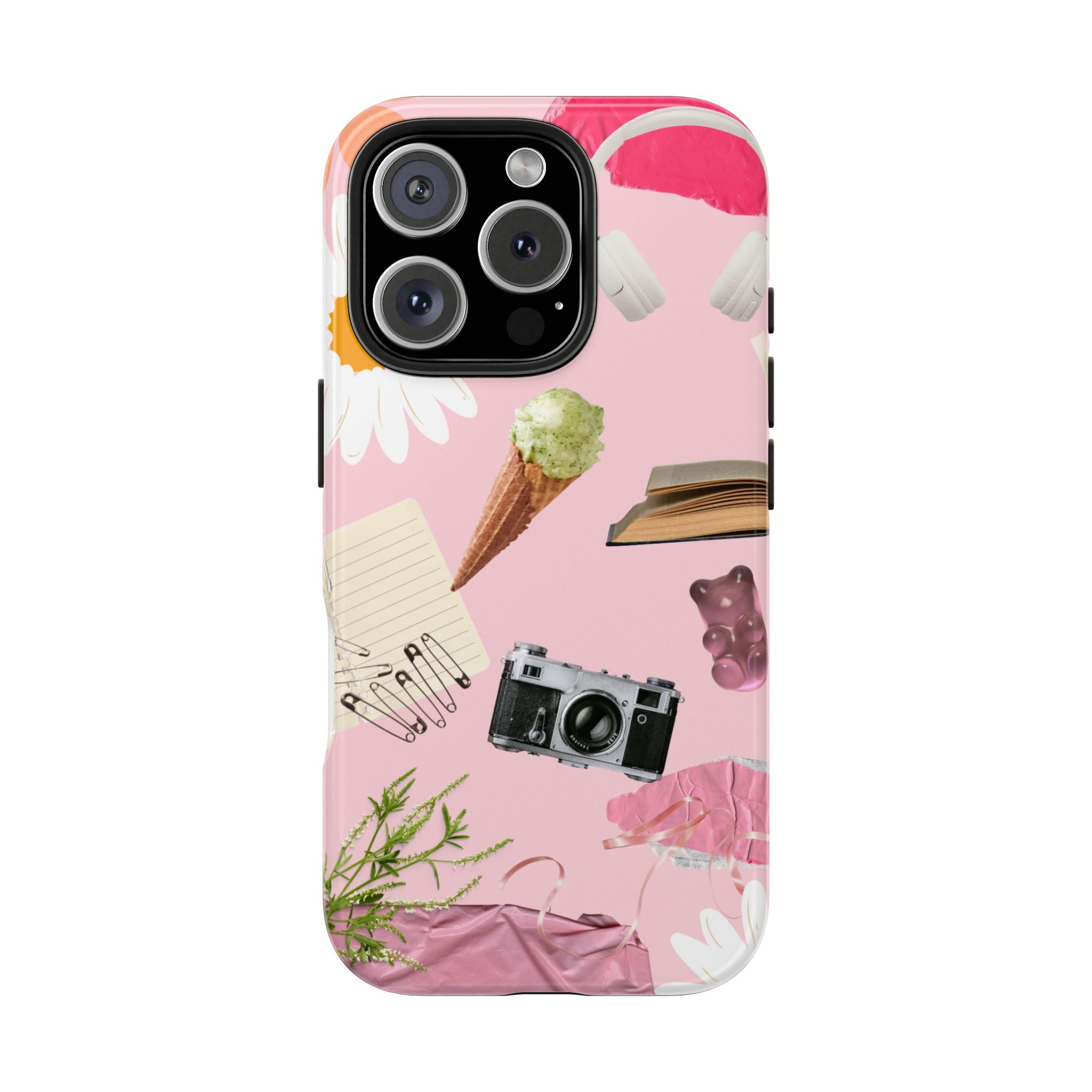 Pastel Collage Tough Phone Case – Cute Floral, Camera & Snacks Pattern