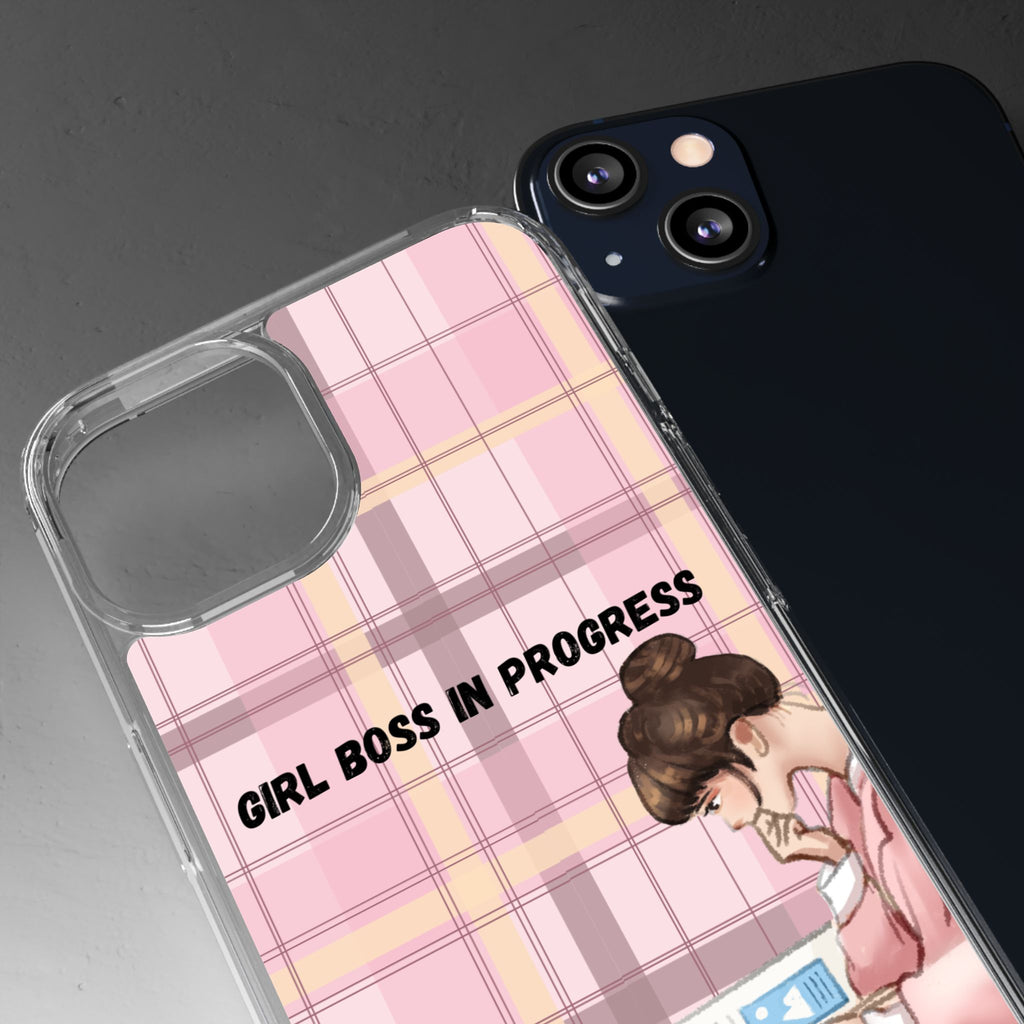 Girl Boss in Progress Clear Phone Case – Pink Plaid Feminine iPhone Cover