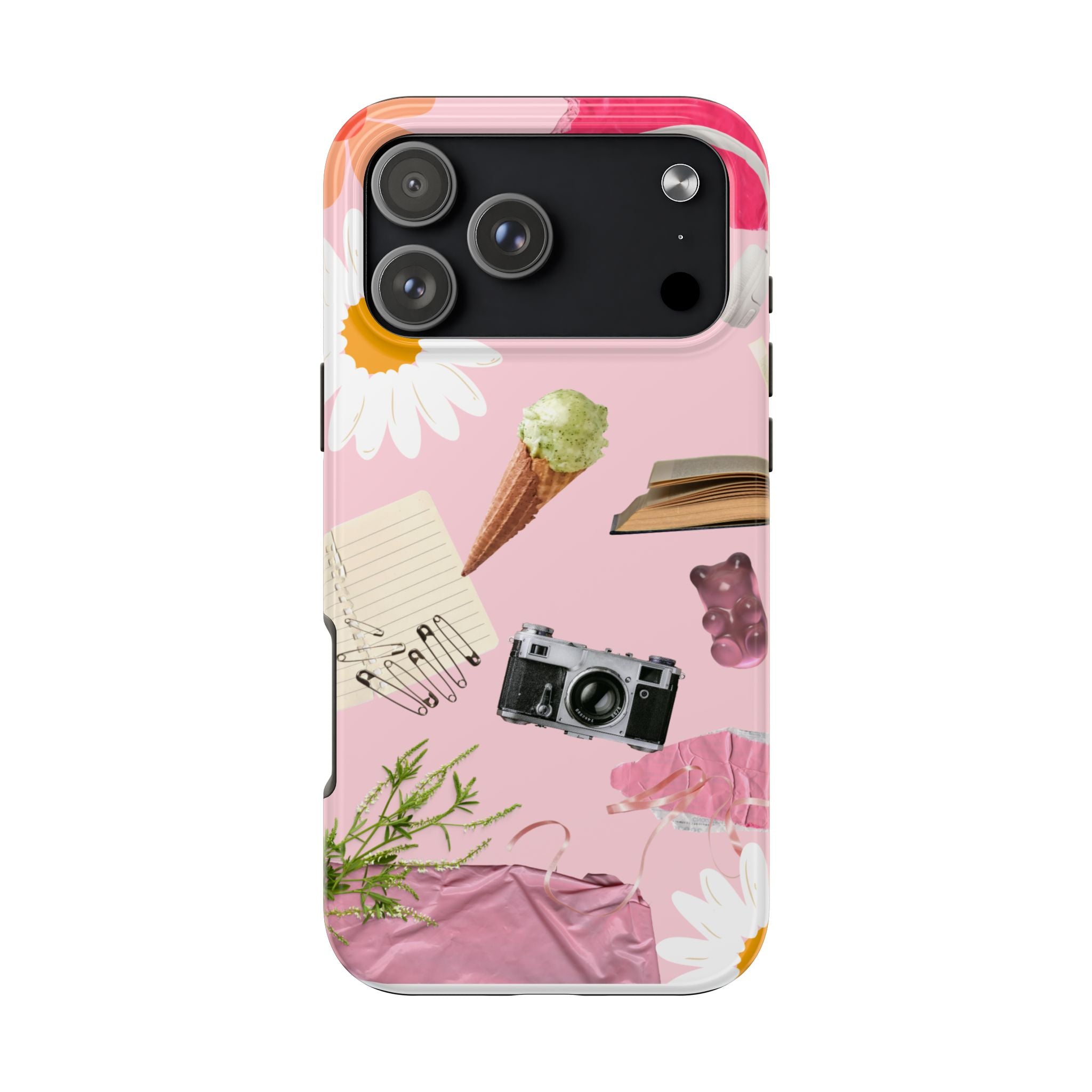 Pastel Collage Tough Phone Case – Cute Floral, Camera & Snacks Pattern