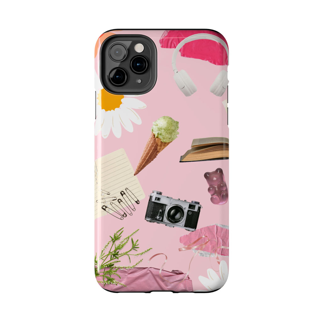 Pastel Collage Tough Phone Case – Cute Floral, Camera & Snacks Pattern