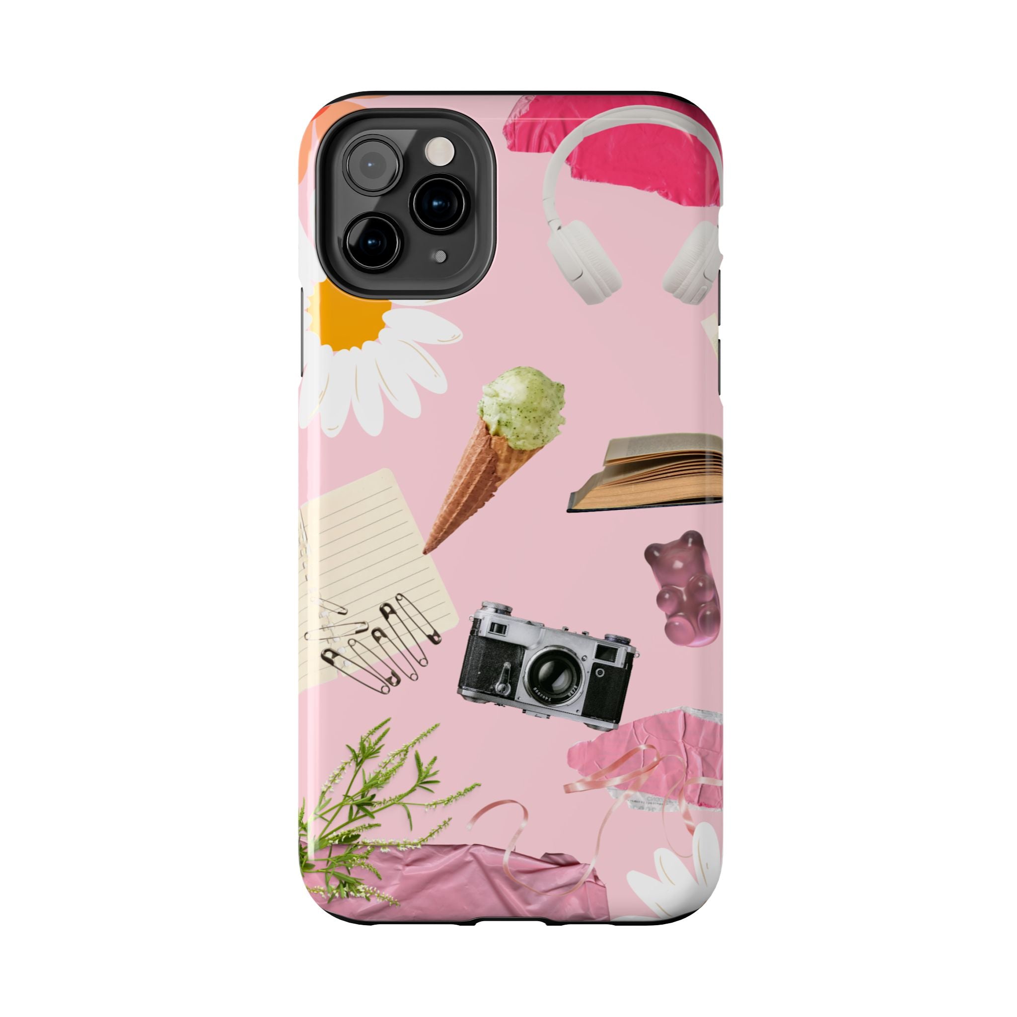 Pastel Collage Tough Phone Case – Cute Floral, Camera & Snacks Pattern
