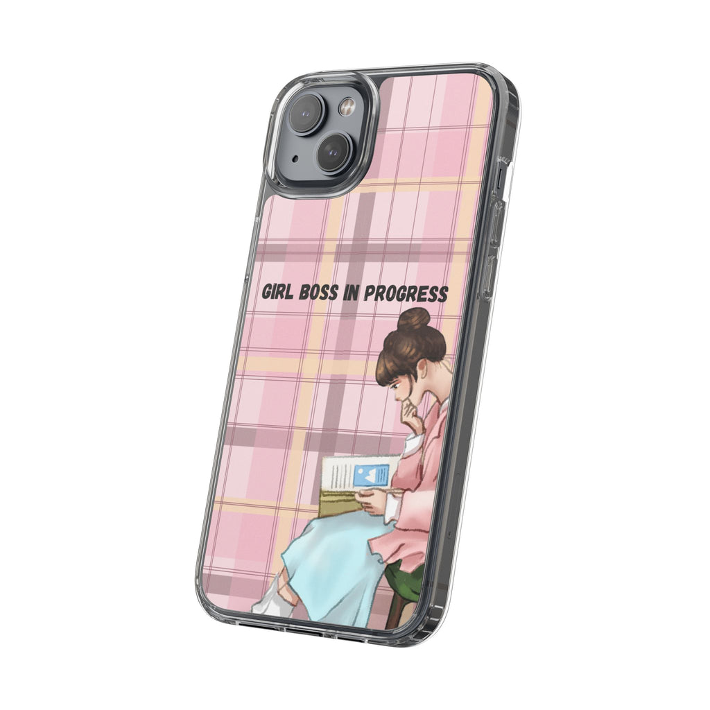 Girl Boss in Progress Clear Phone Case – Pink Plaid Feminine iPhone Cover
