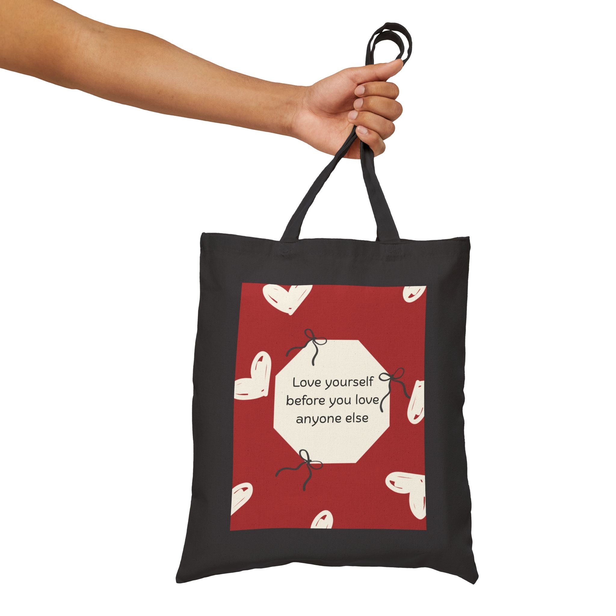 Tote Bag — 'Love Yourself First' Heart Canvas Tote, Self-Care Quote Eco Shopper