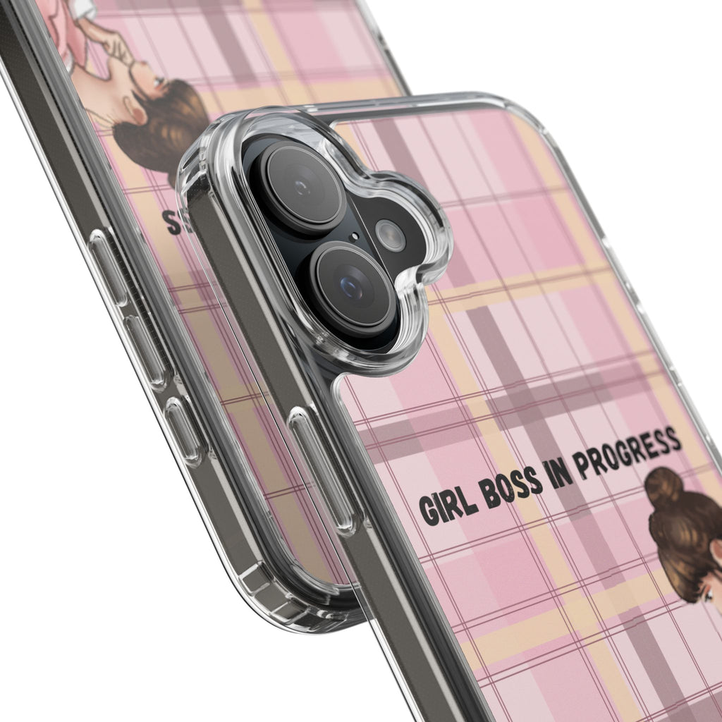 Girl Boss in Progress Clear Phone Case – Pink Plaid Feminine iPhone Cover