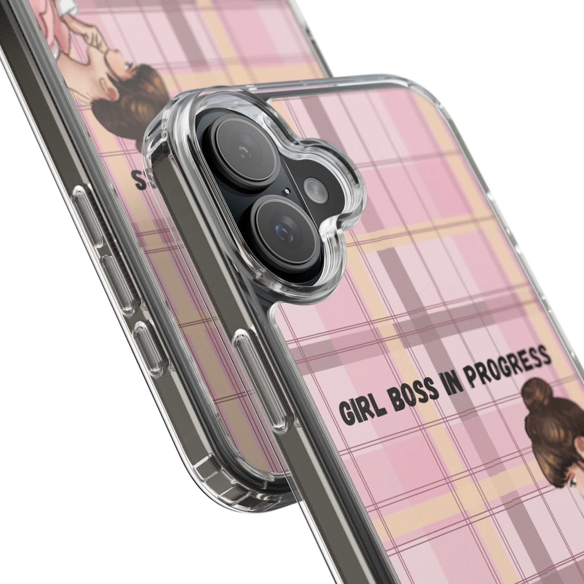 Girl Boss in Progress Clear Phone Case – Pink Plaid Feminine iPhone Cover