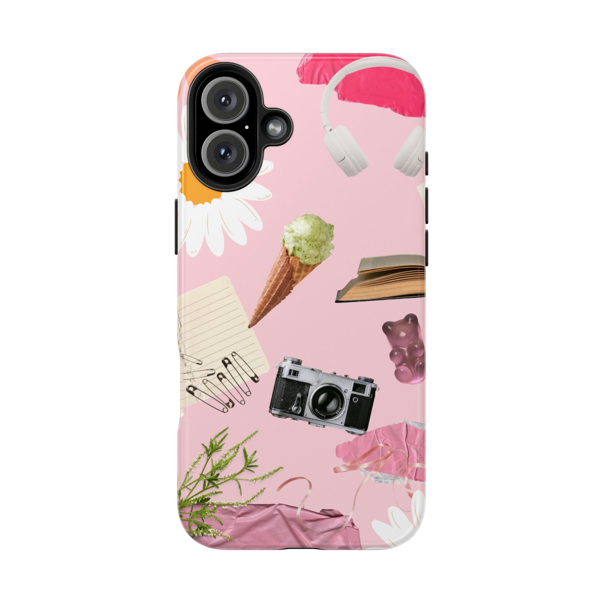 Pastel Collage Tough Phone Case – Cute Floral, Camera & Snacks Pattern