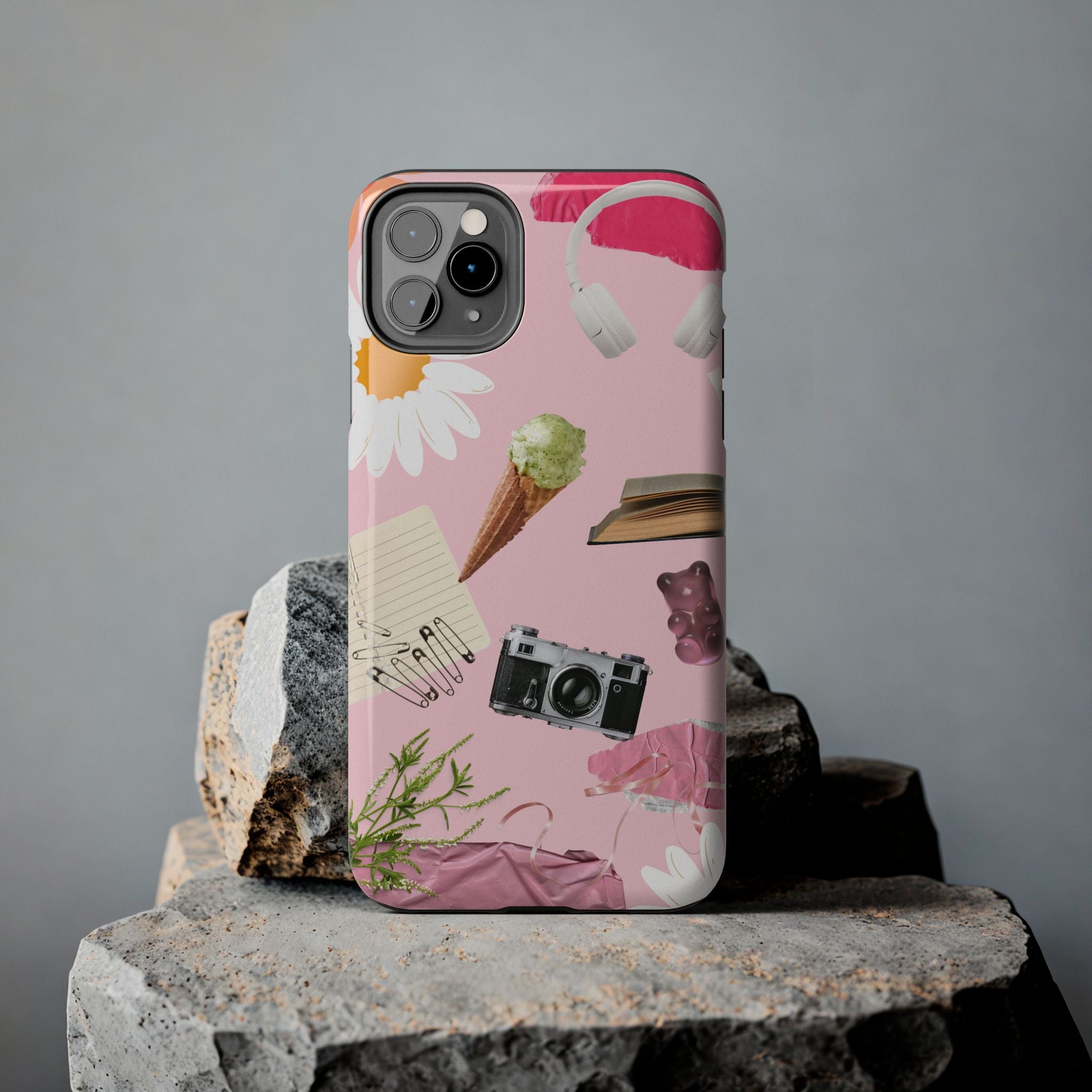 Pastel Collage Tough Phone Case – Cute Floral, Camera & Snacks Pattern