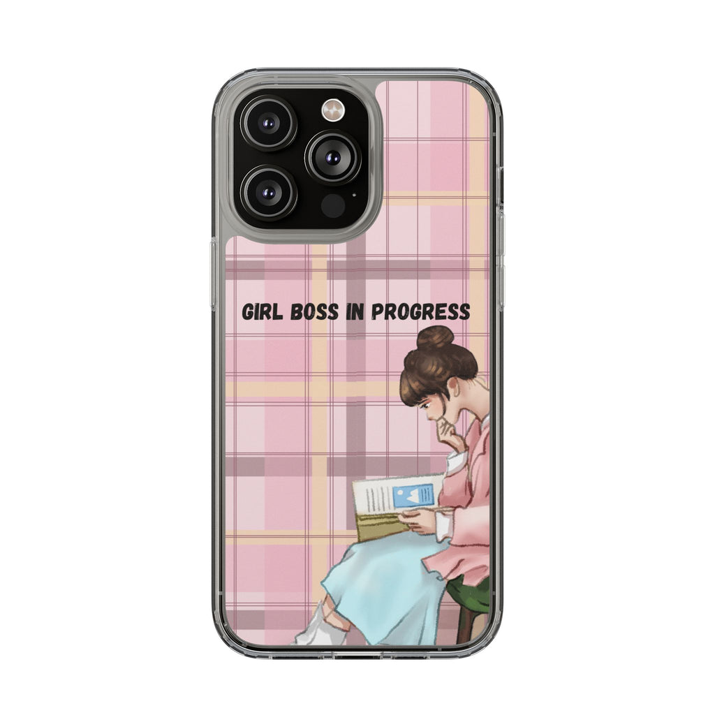 Girl Boss in Progress Clear Phone Case – Pink Plaid Feminine iPhone Cover