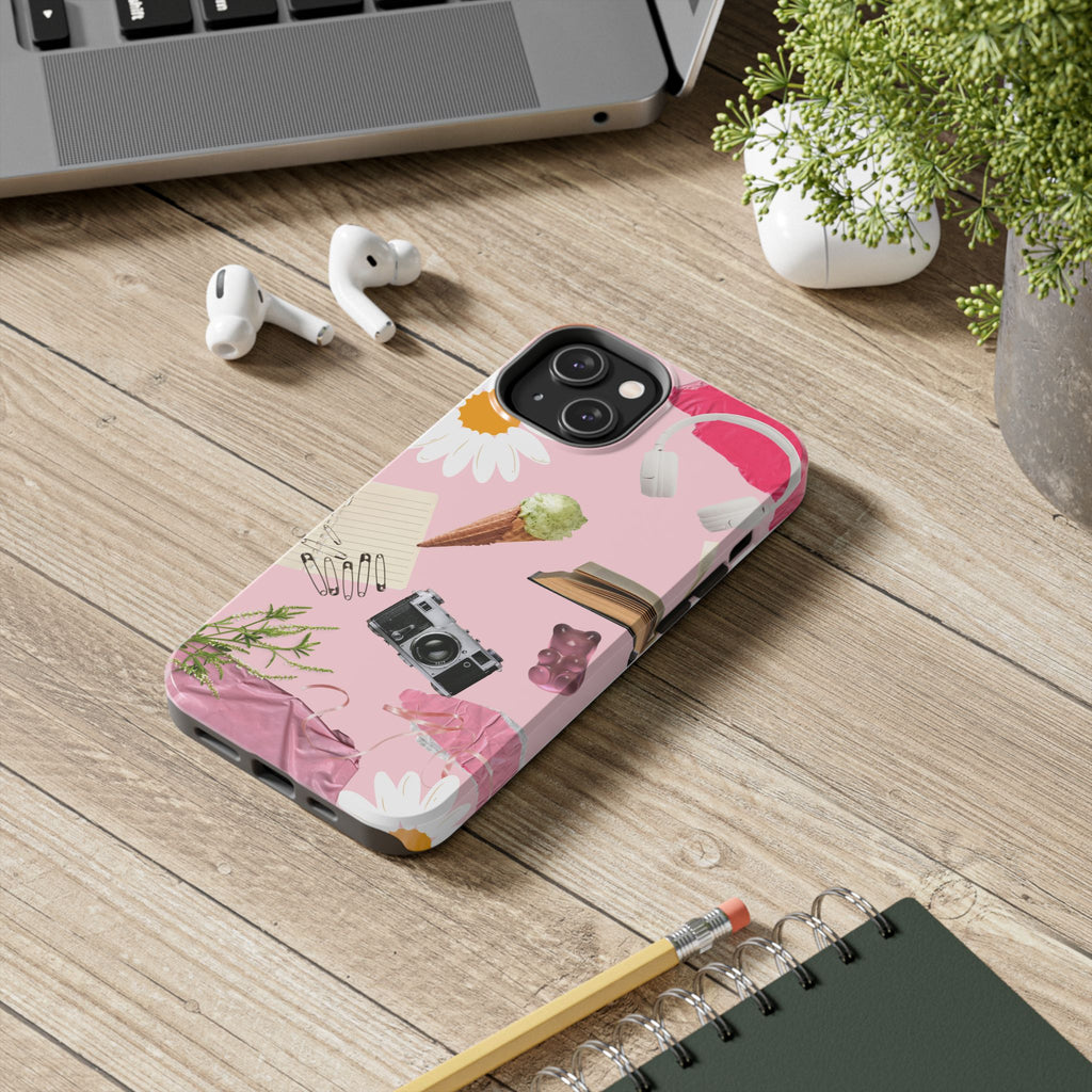 Pastel Collage Tough Phone Case – Cute Floral, Camera & Snacks Pattern