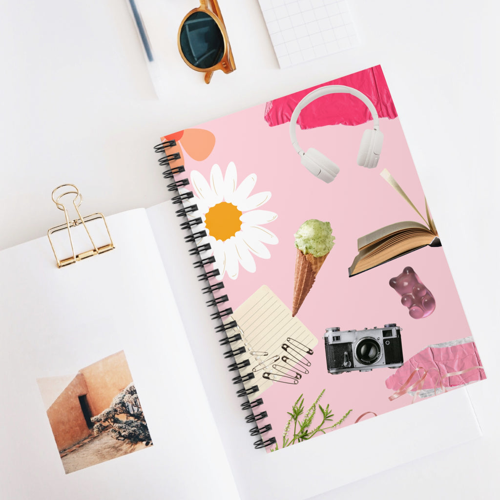 Pink Collage Spiral Notebook — Cute Daisy, Headphones & Camera Ruled Journal
