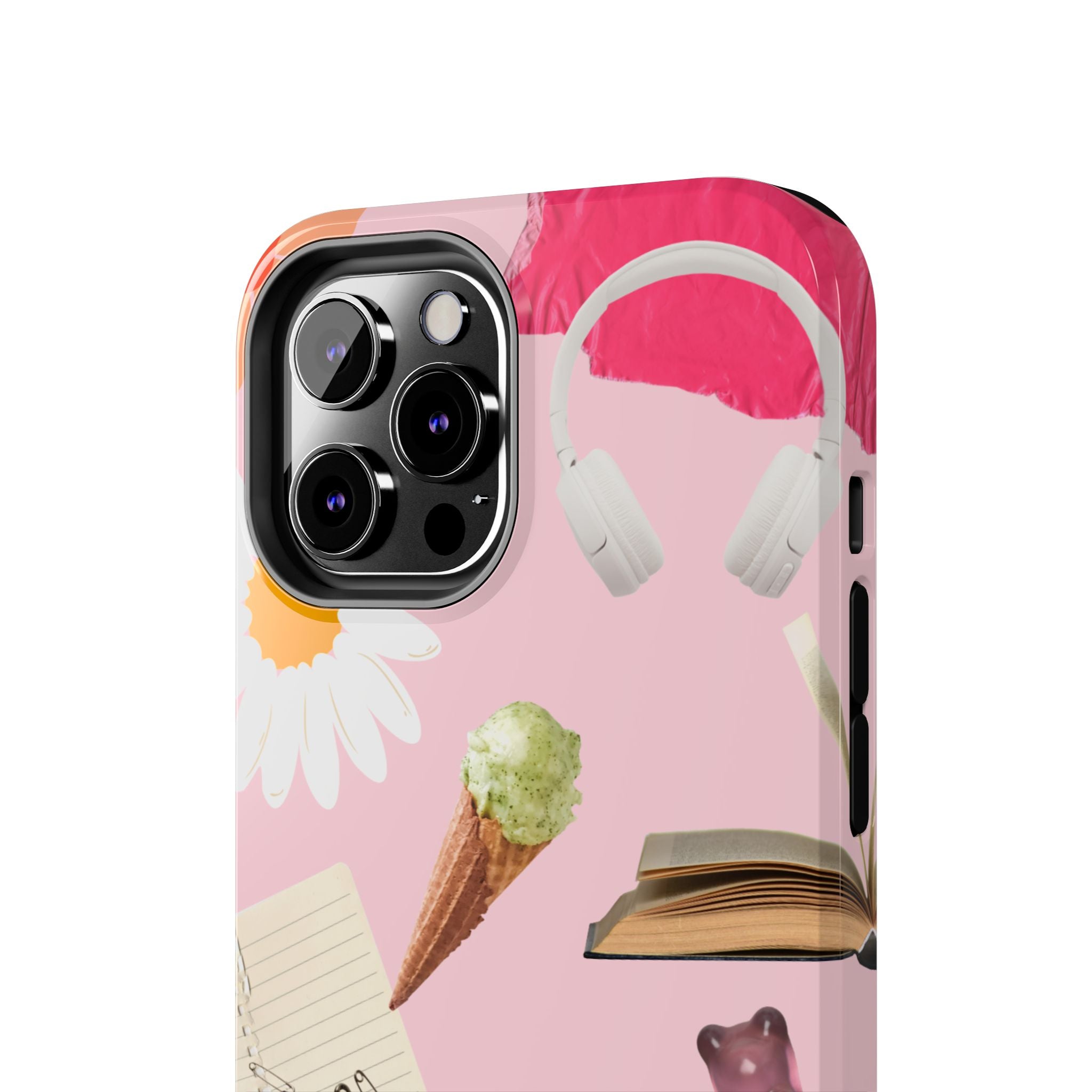 Pastel Collage Tough Phone Case – Cute Floral, Camera & Snacks Pattern