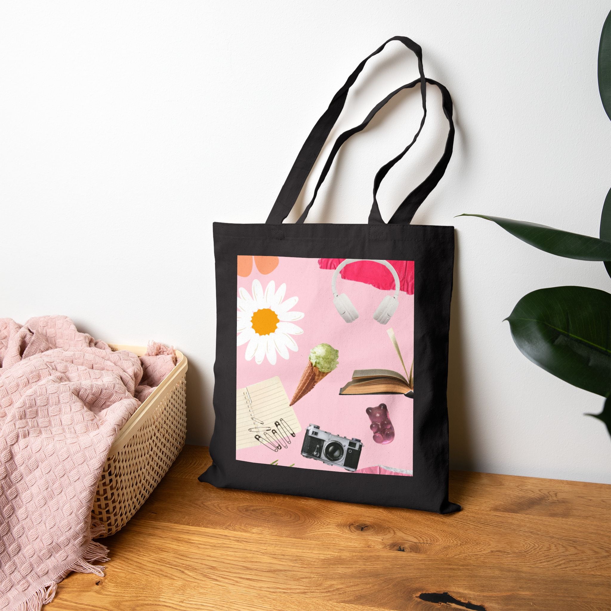 Canvas Tote Bag — Pink Aesthetic Collage: Daisy, Camera, Headphones & Book