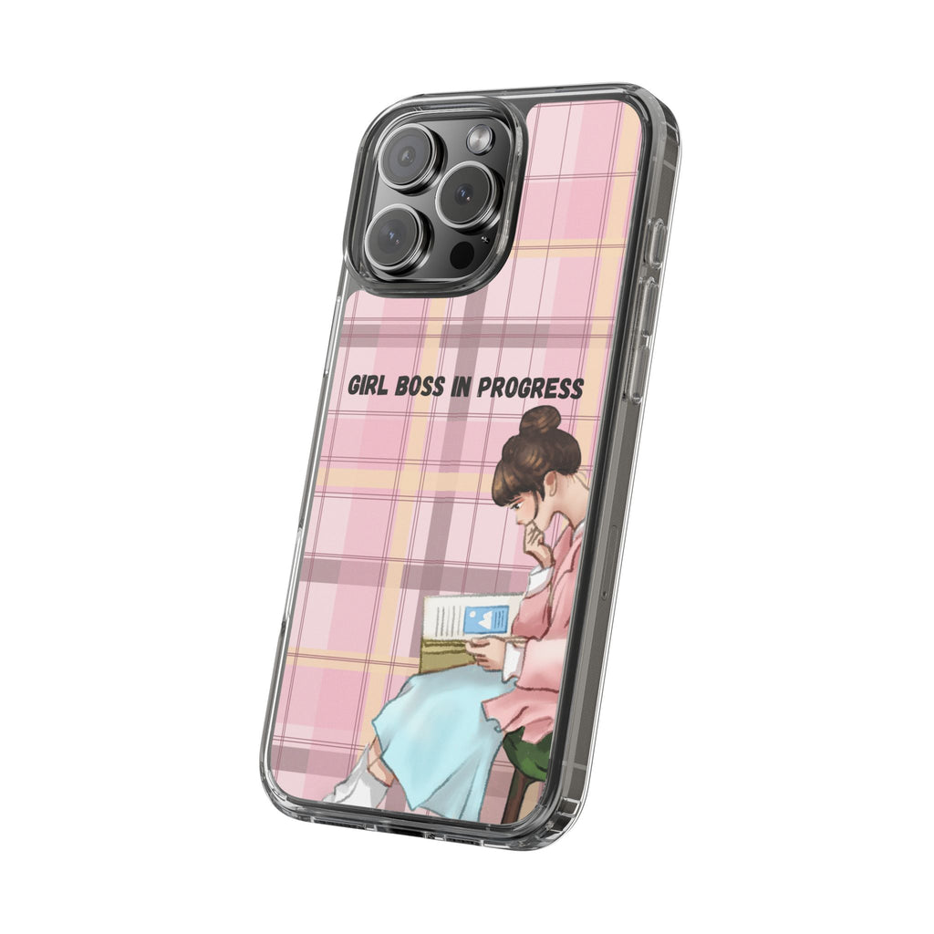 Girl Boss in Progress Clear Phone Case – Pink Plaid Feminine iPhone Cover