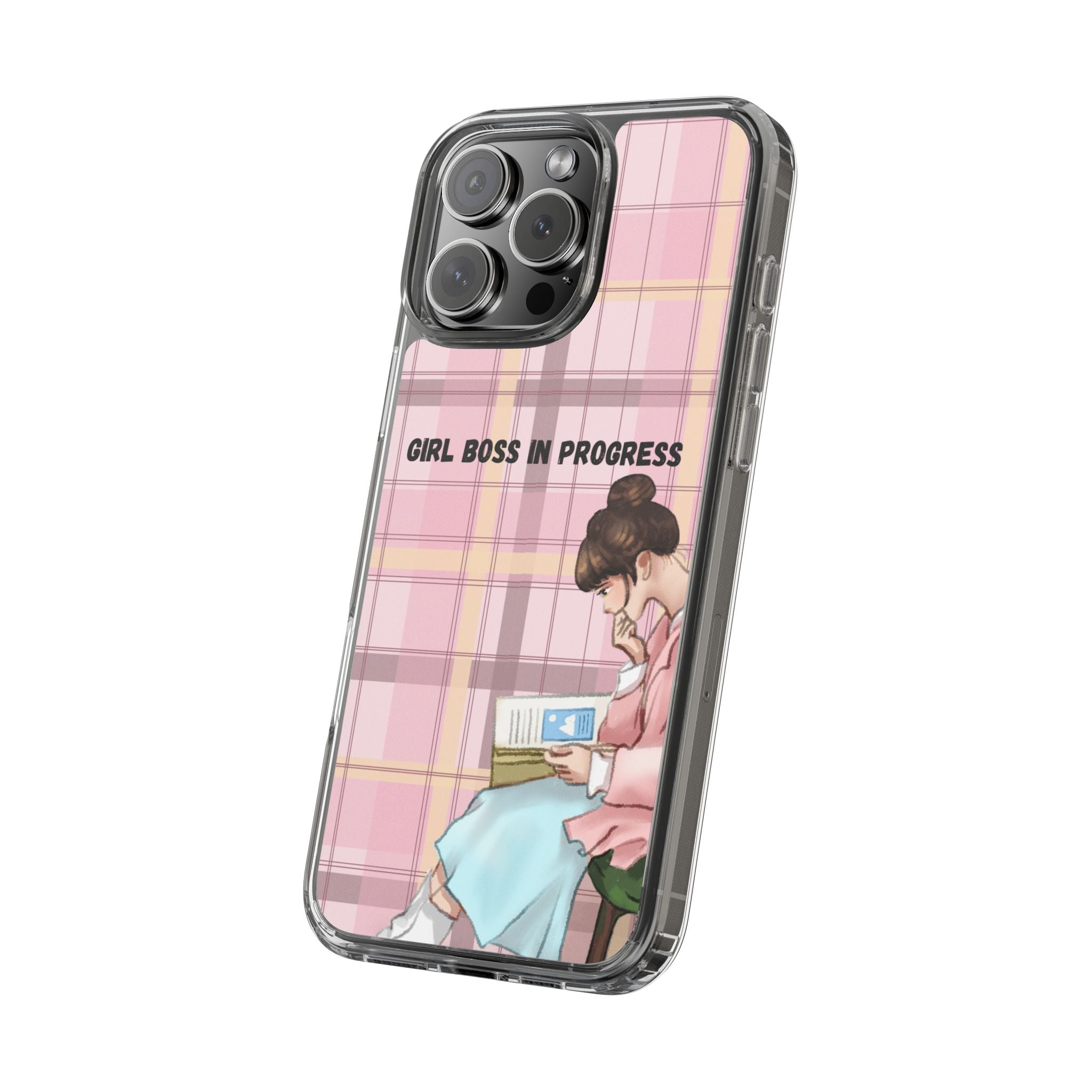 Girl Boss in Progress Clear Phone Case – Pink Plaid Feminine iPhone Cover
