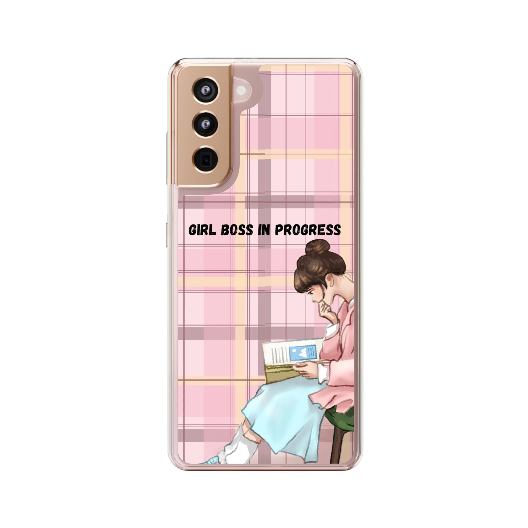 Girl Boss in Progress Clear Phone Case – Pink Plaid Feminine iPhone Cover