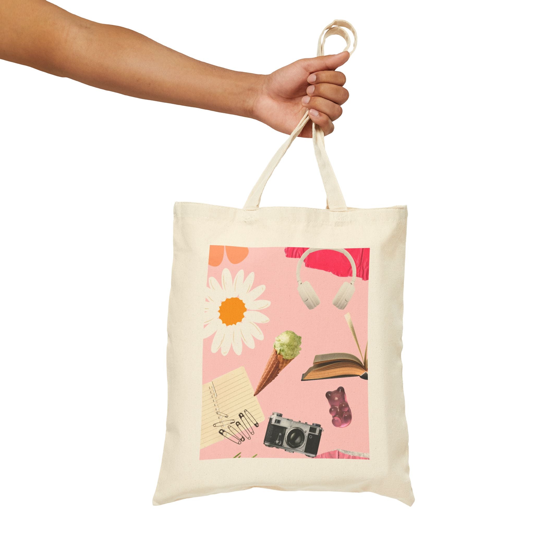 Canvas Tote Bag — Pink Aesthetic Collage: Daisy, Camera, Headphones & Book