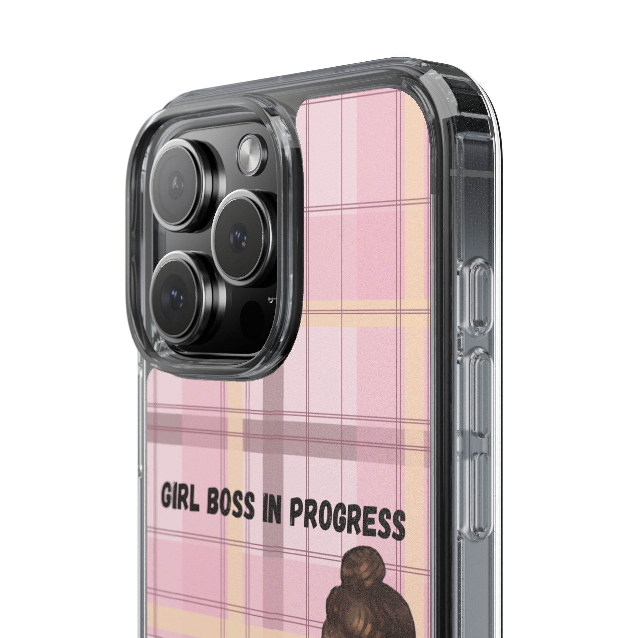 Girl Boss in Progress Clear Phone Case – Pink Plaid Feminine iPhone Cover
