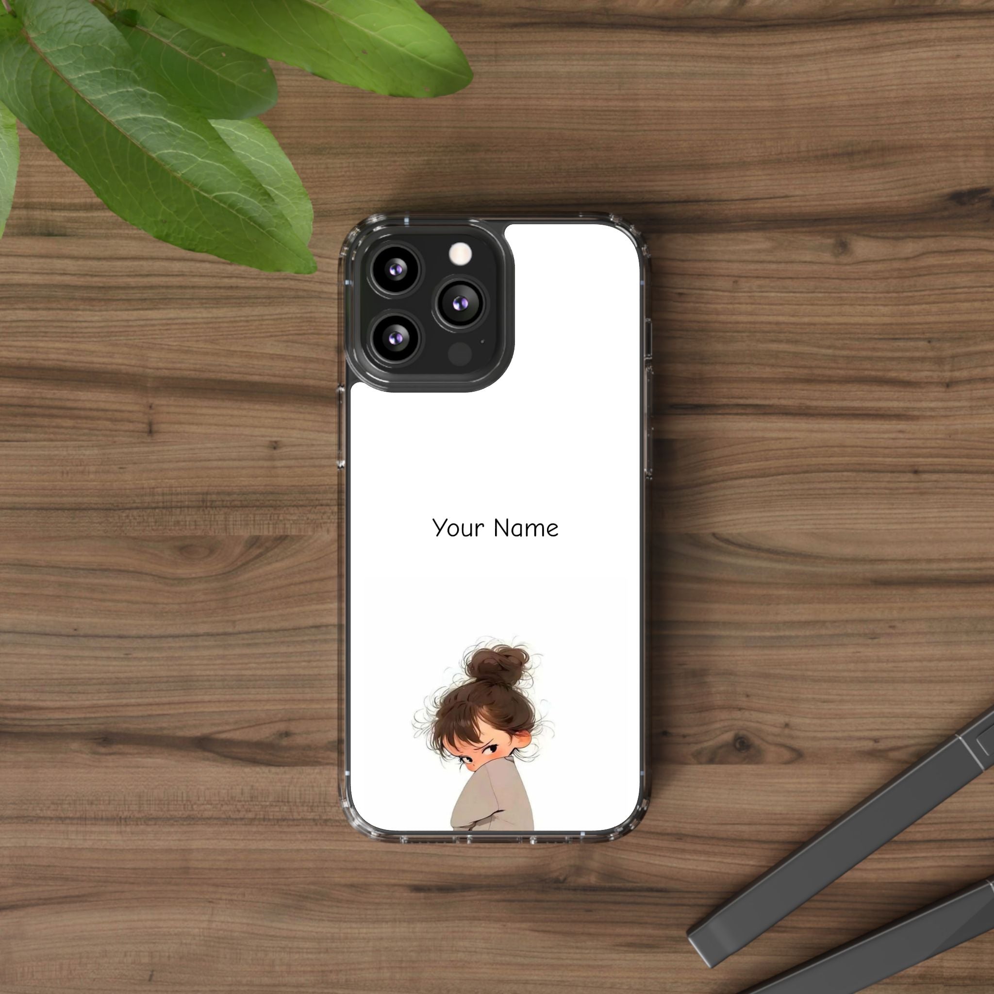 Personalized Clear Phone Case — Cute Girl Illustration with Custom Name