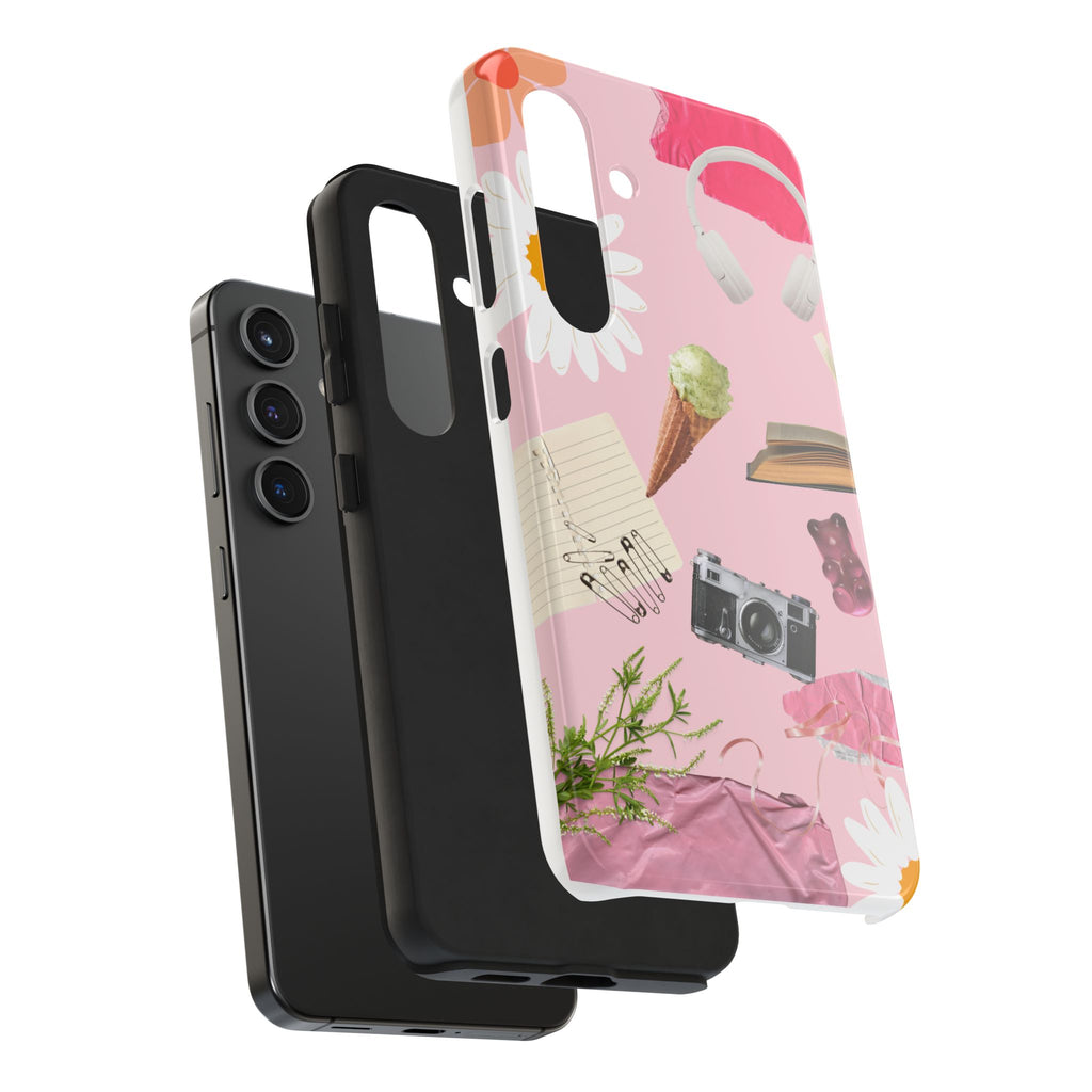 Pastel Collage Tough Phone Case – Cute Floral, Camera & Snacks Pattern