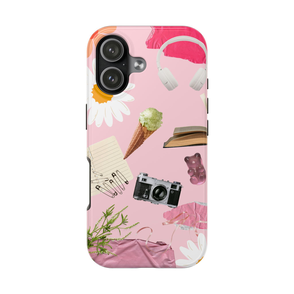Pastel Collage Tough Phone Case – Cute Floral, Camera & Snacks Pattern