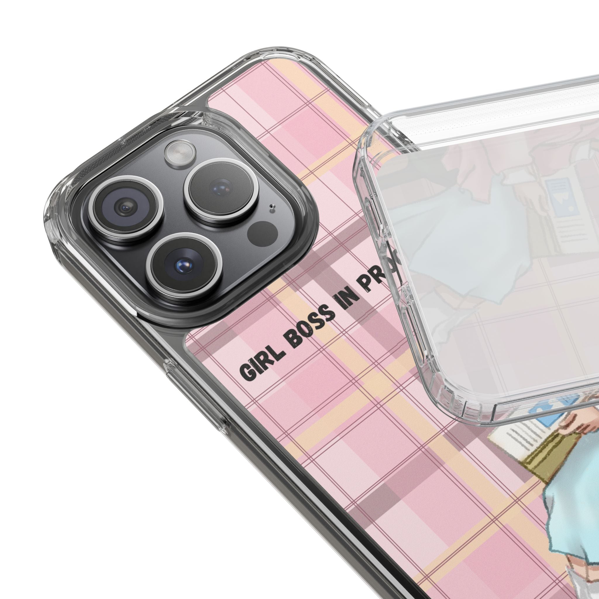 Girl Boss in Progress Clear Phone Case – Pink Plaid Feminine iPhone Cover