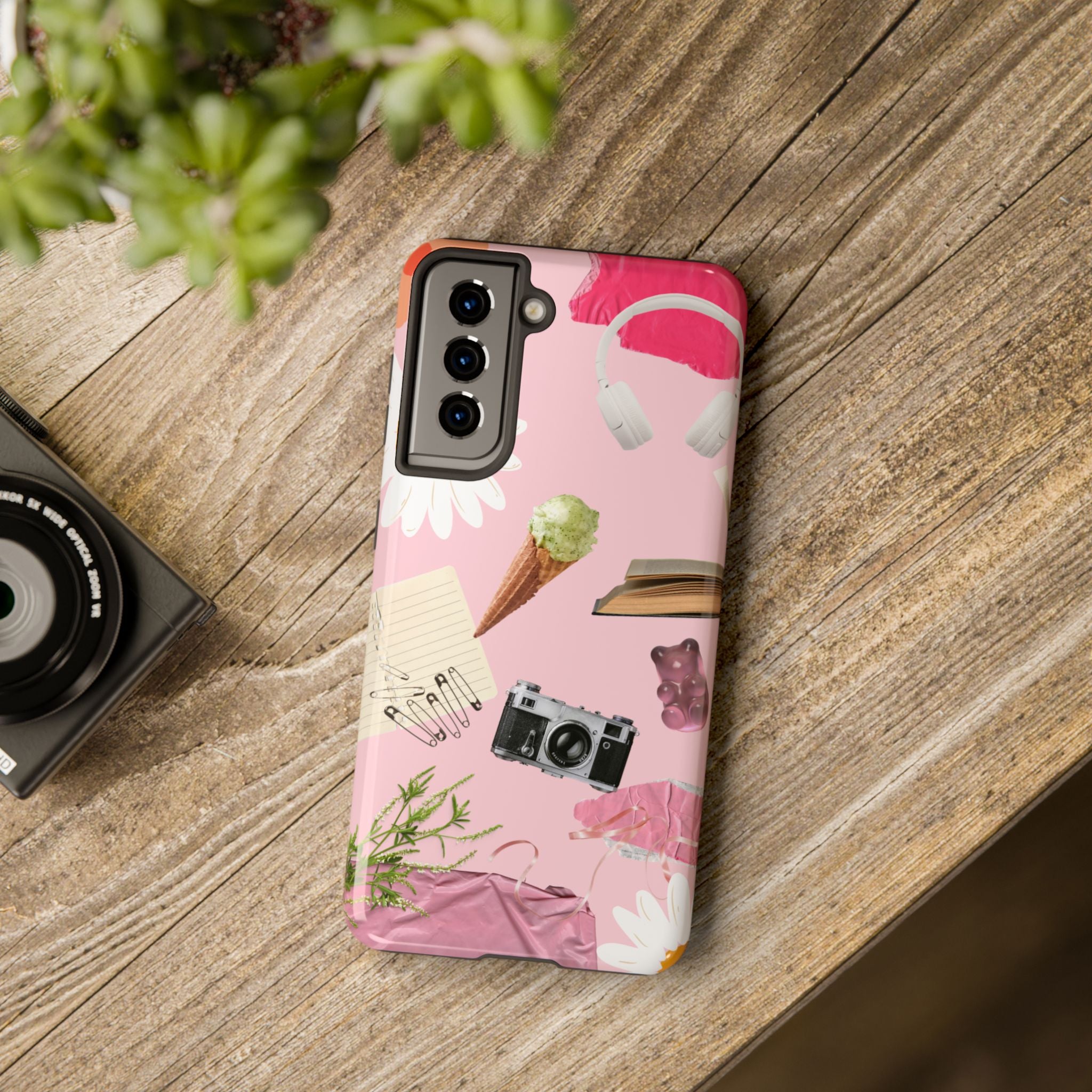 Pastel Collage Tough Phone Case – Cute Floral, Camera & Snacks Pattern