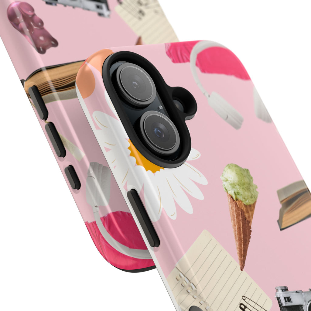 Pastel Collage Tough Phone Case – Cute Floral, Camera & Snacks Pattern