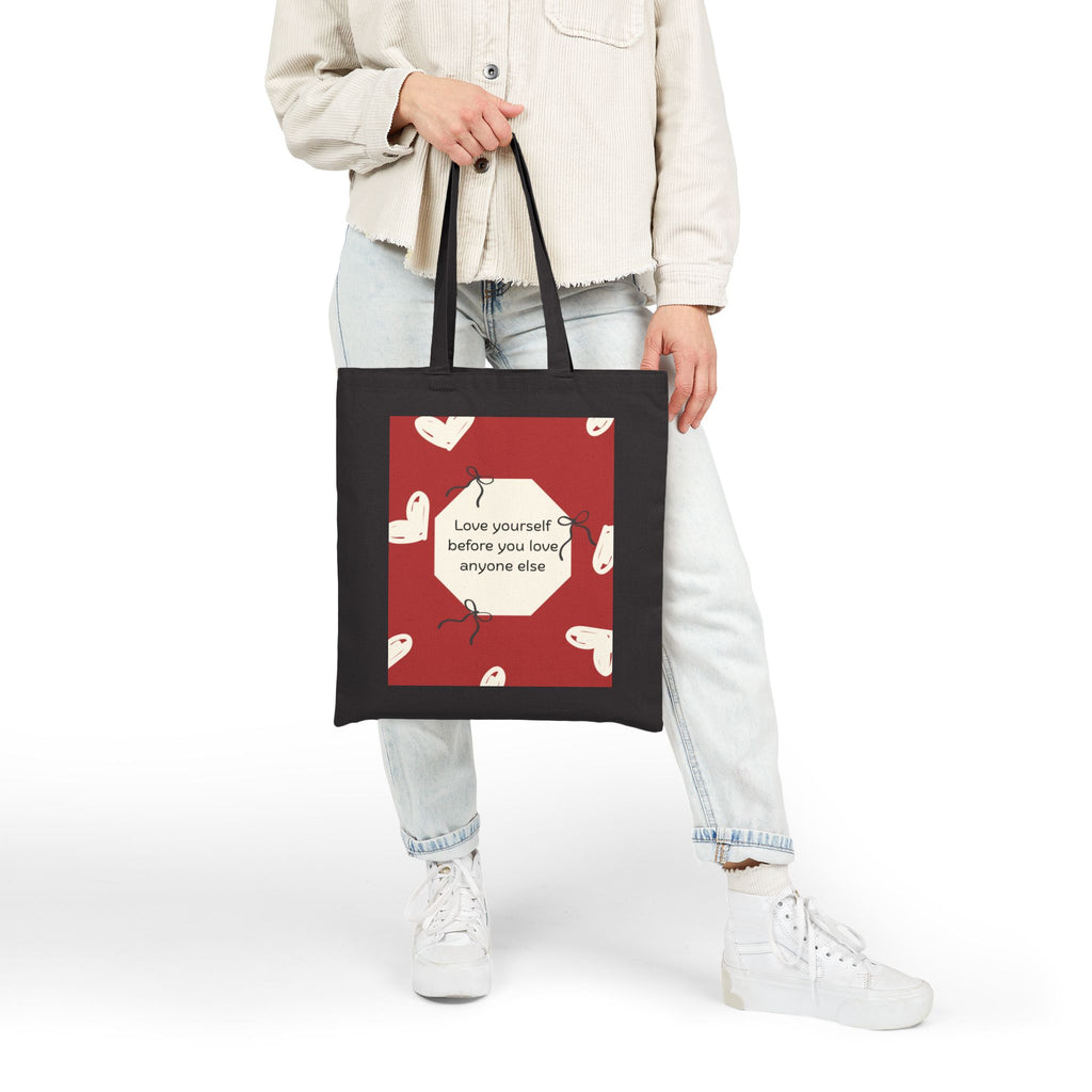 Tote Bag — 'Love Yourself First' Heart Canvas Tote, Self-Care Quote Eco Shopper