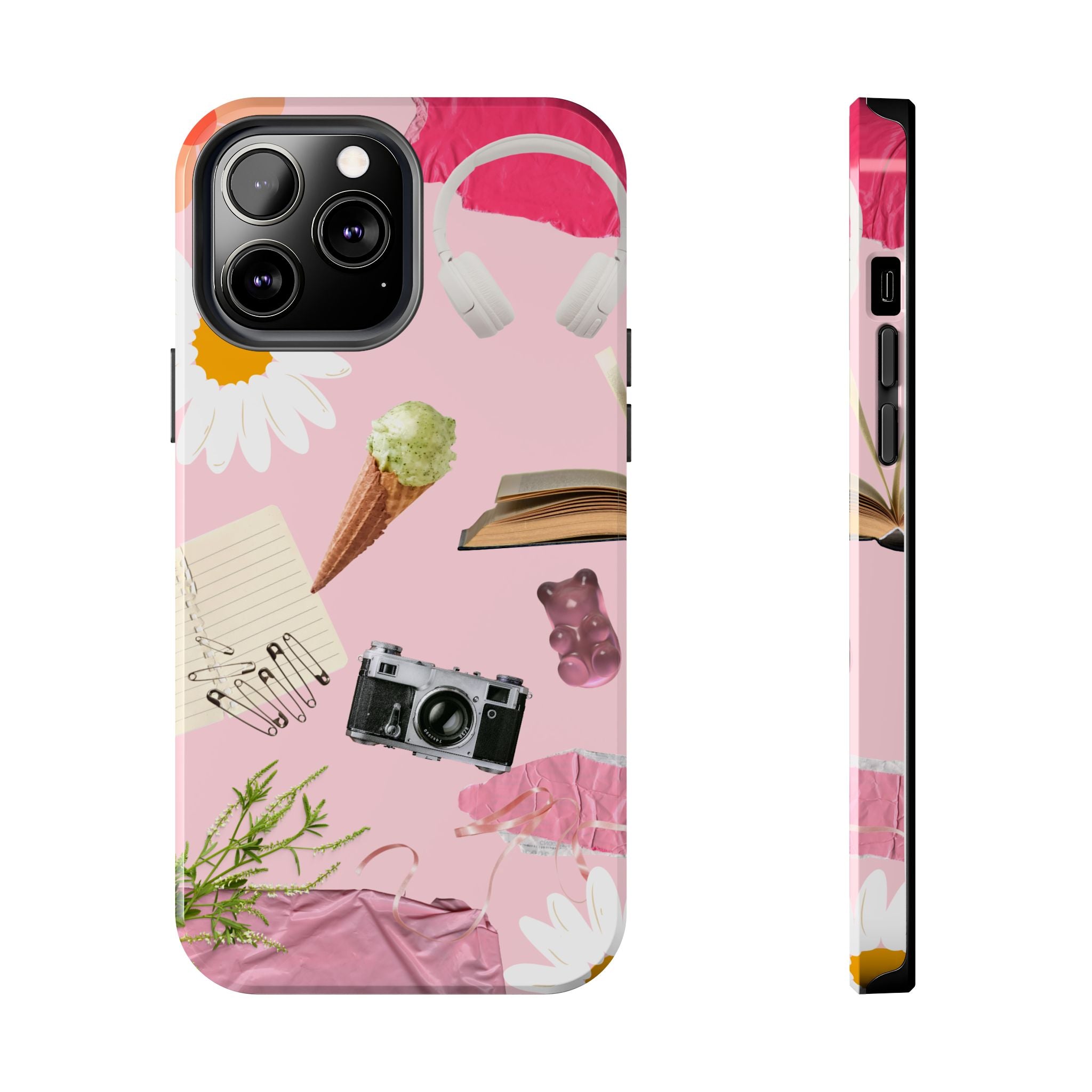 Pastel Collage Tough Phone Case – Cute Floral, Camera & Snacks Pattern