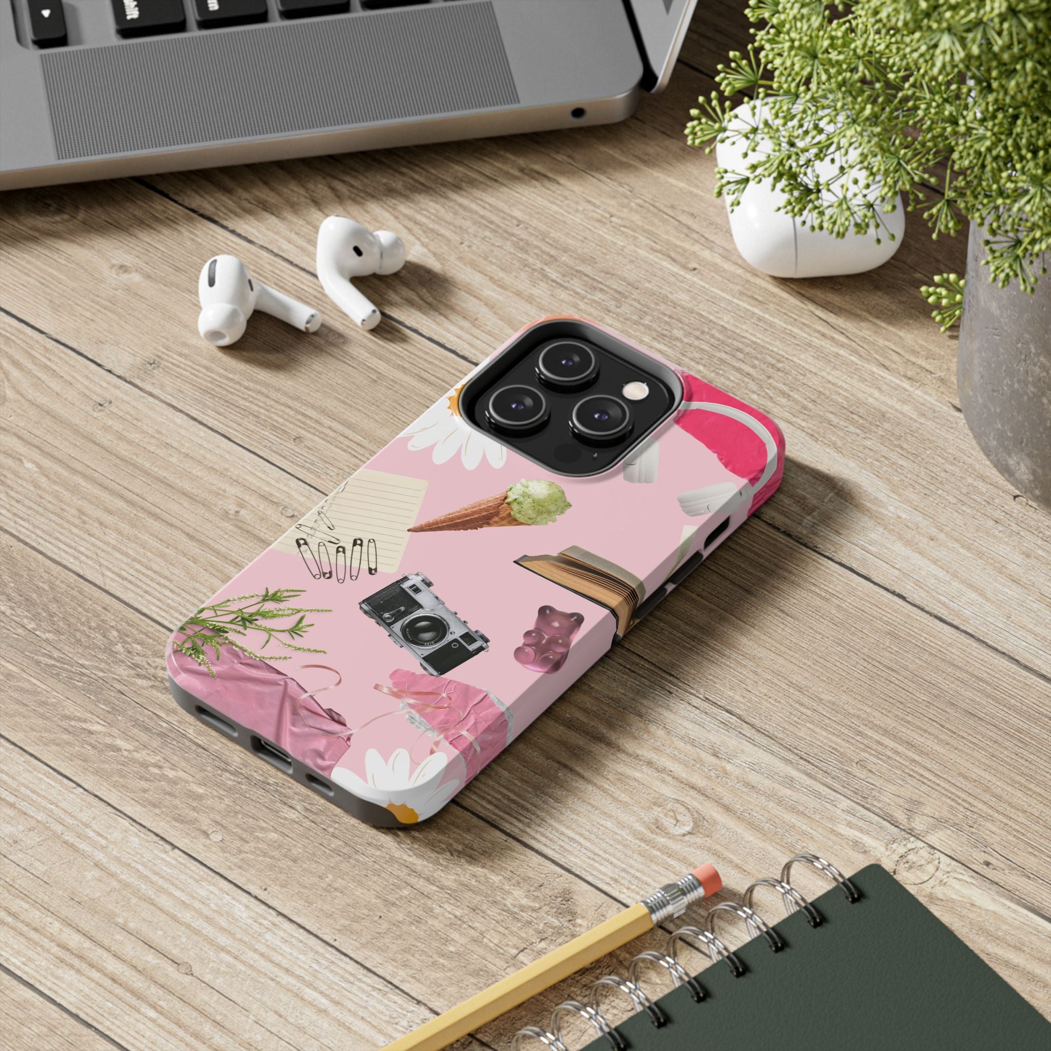 Pastel Collage Tough Phone Case – Cute Floral, Camera & Snacks Pattern
