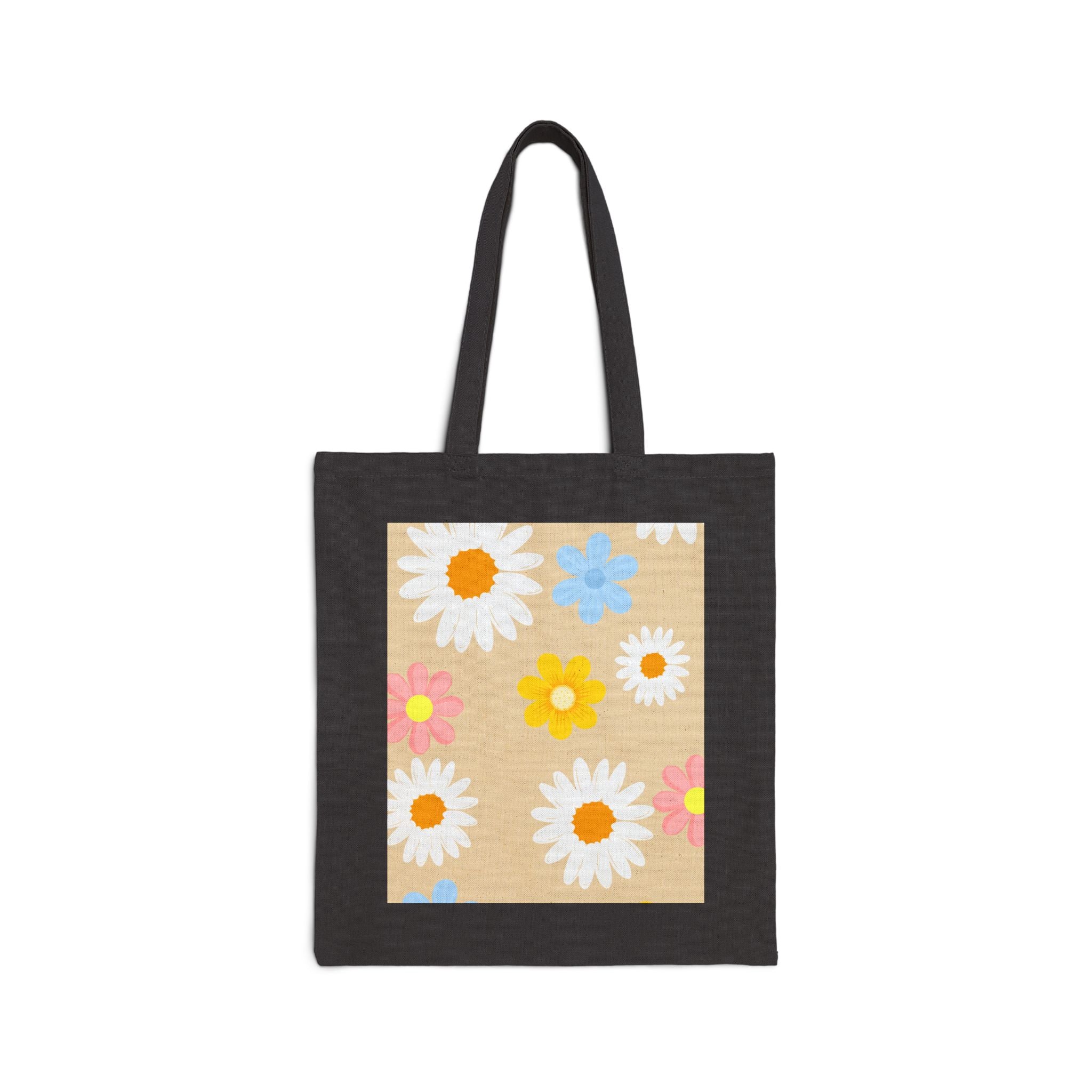 Floral Daisy Canvas Tote Bag — Retro Colorful Flower Market Bag