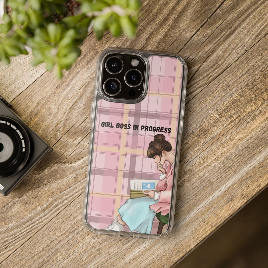 Girl Boss in Progress Clear Phone Case – Pink Plaid Feminine iPhone Cover