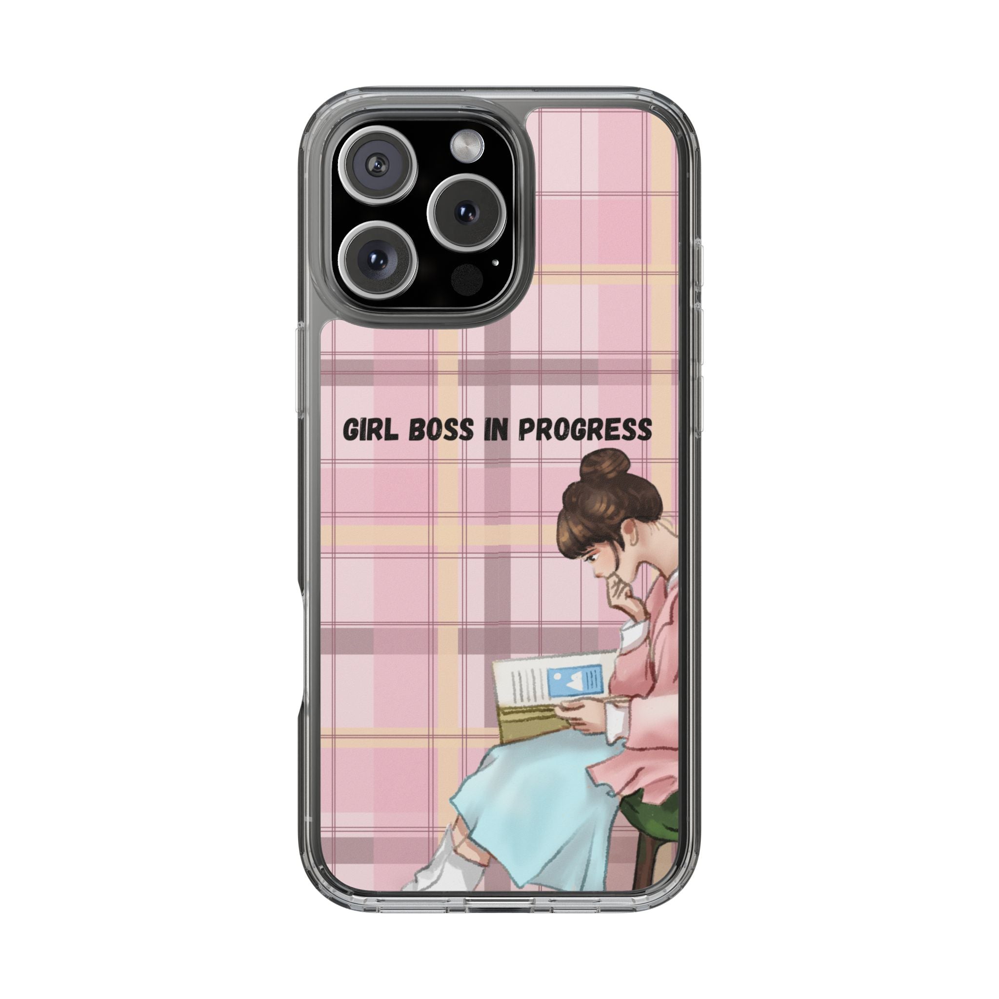 Girl Boss in Progress Clear Phone Case – Pink Plaid Feminine iPhone Cover