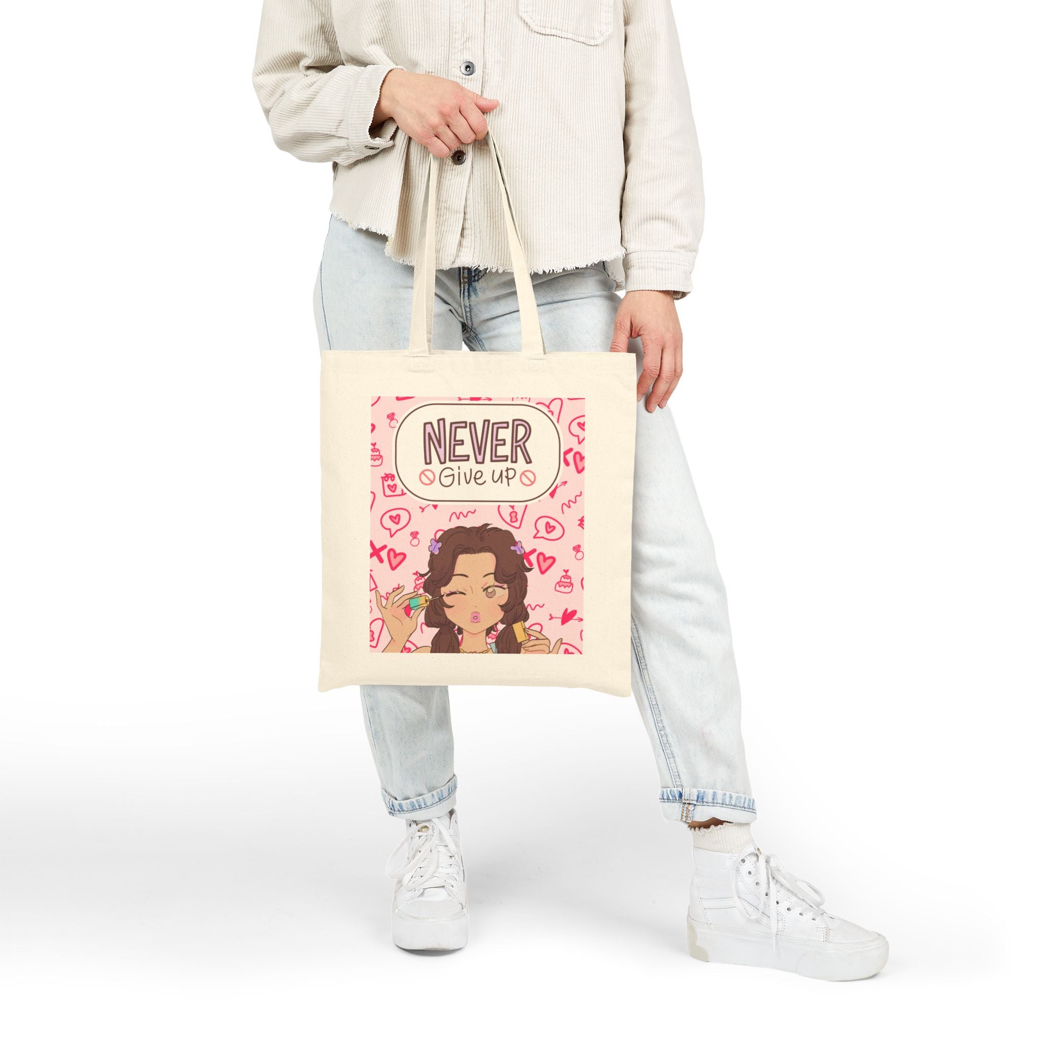 Never Give Up Tote Bag — Cute Motivational Canvas Tote for Women