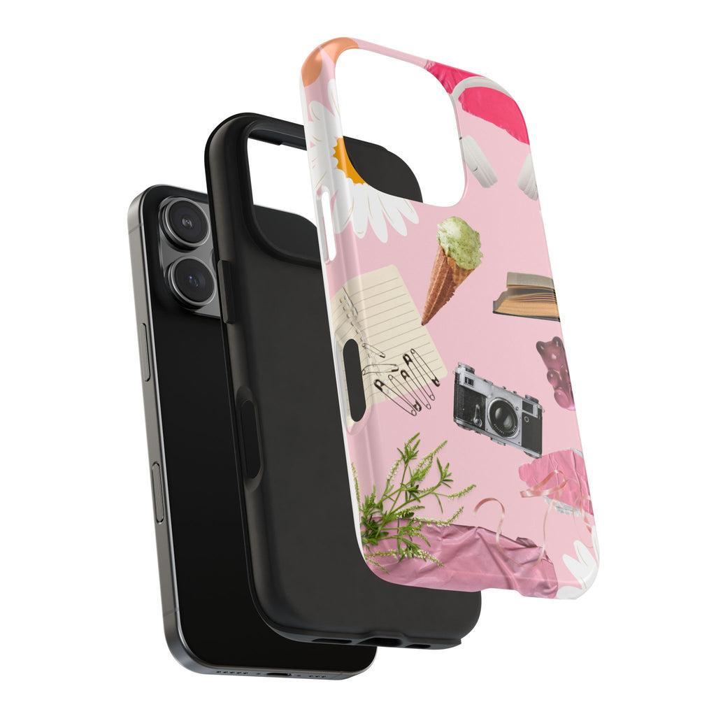 Pastel Collage Tough Phone Case – Cute Floral, Camera & Snacks Pattern