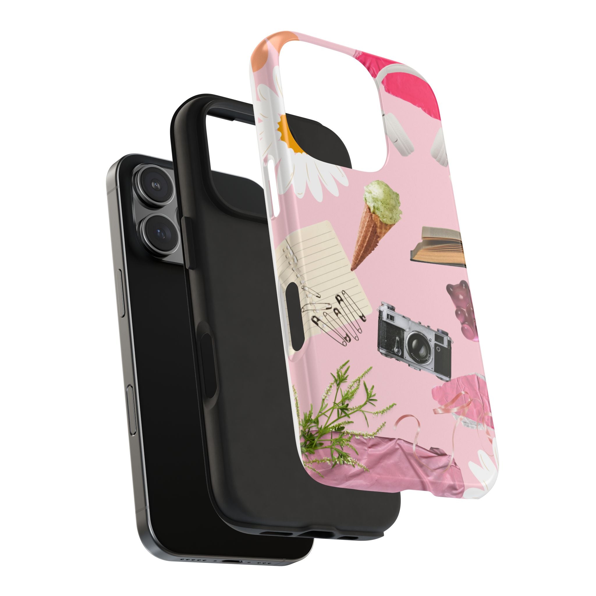 Pastel Collage Tough Phone Case – Cute Floral, Camera & Snacks Pattern