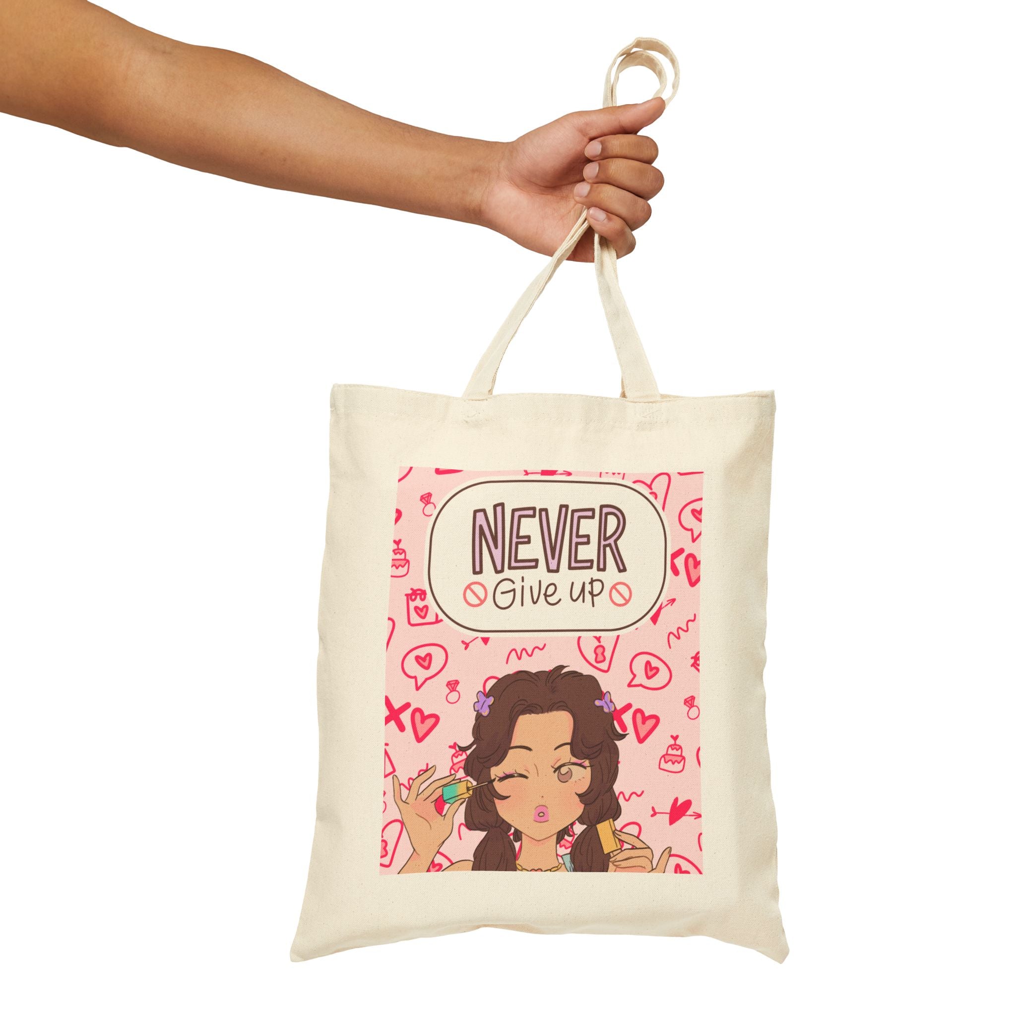 Never Give Up Tote Bag — Cute Motivational Canvas Tote for Women