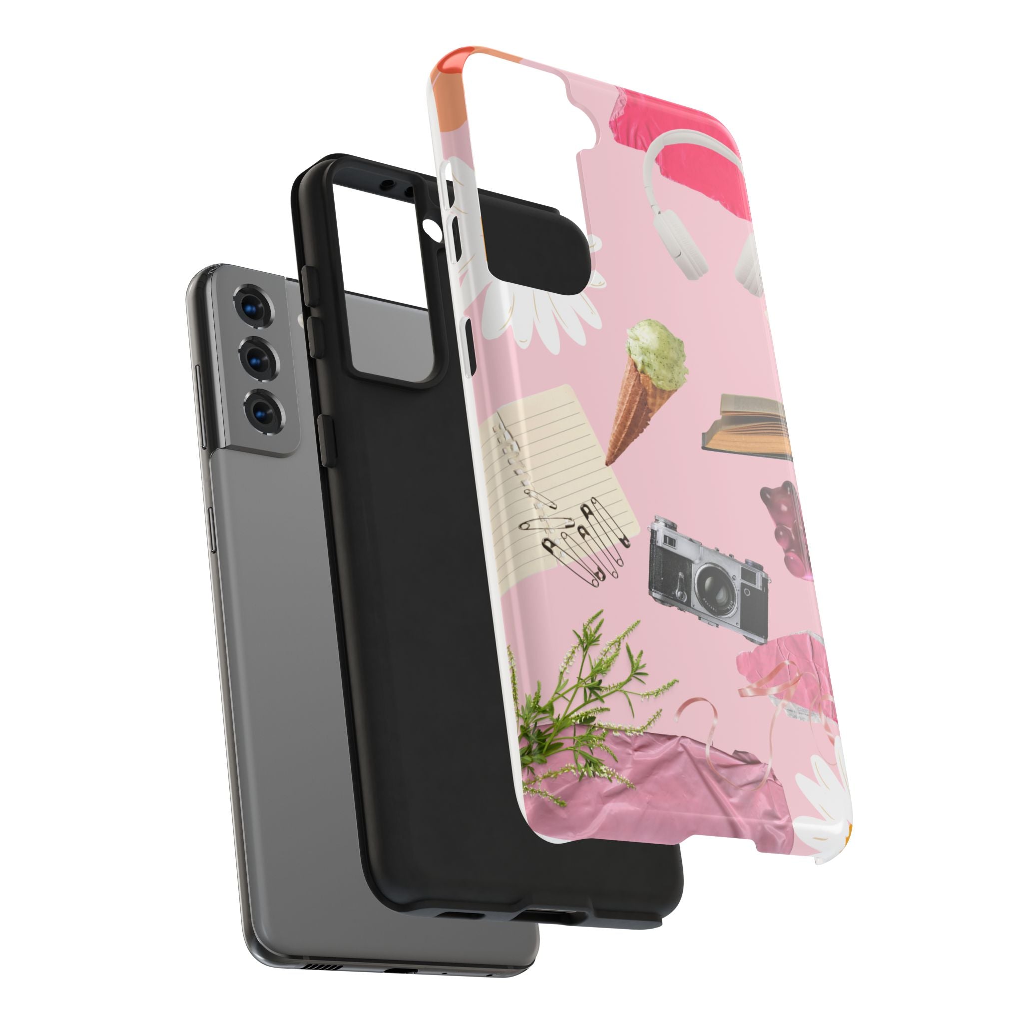 Pastel Collage Tough Phone Case – Cute Floral, Camera & Snacks Pattern
