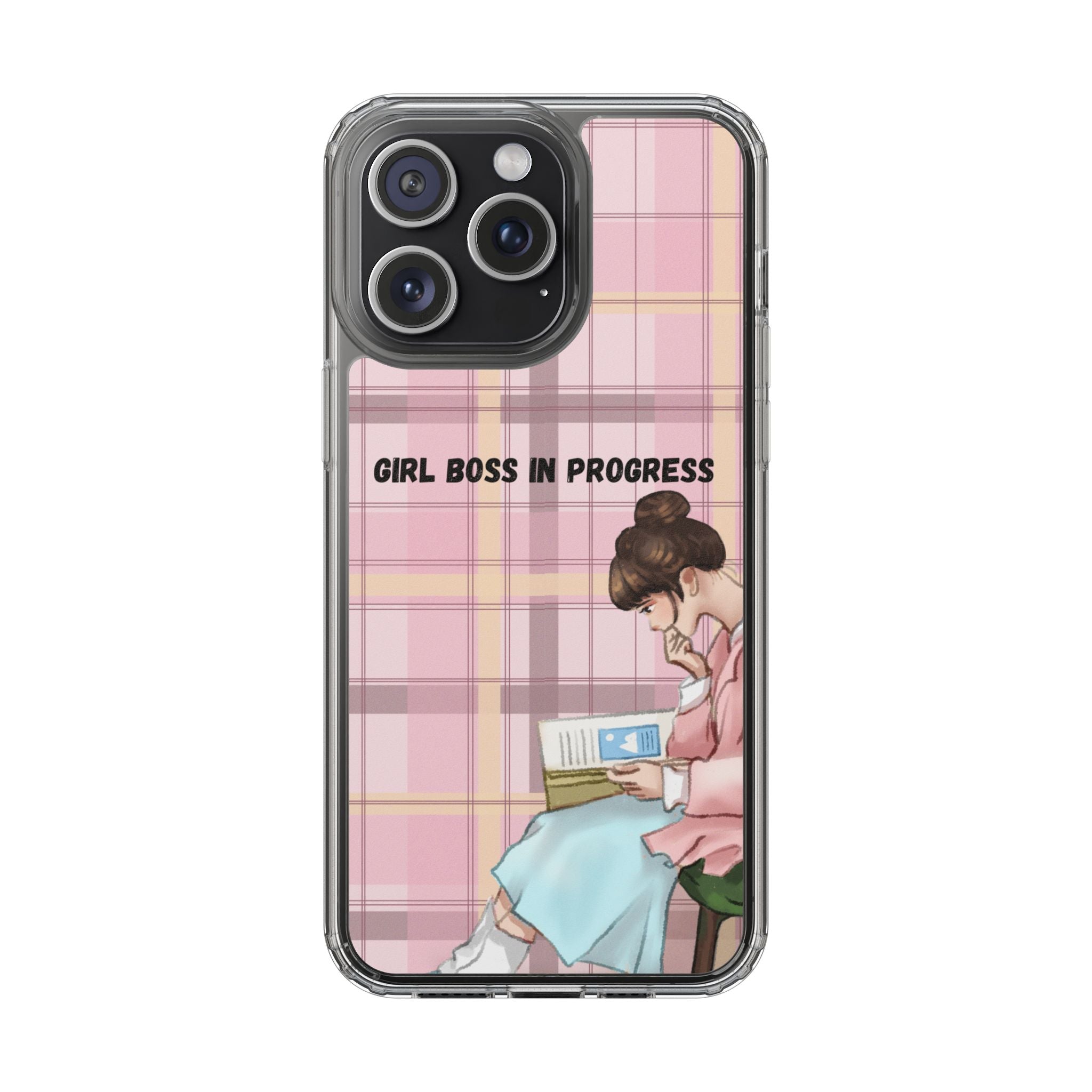 Girl Boss in Progress Clear Phone Case – Pink Plaid Feminine iPhone Cover