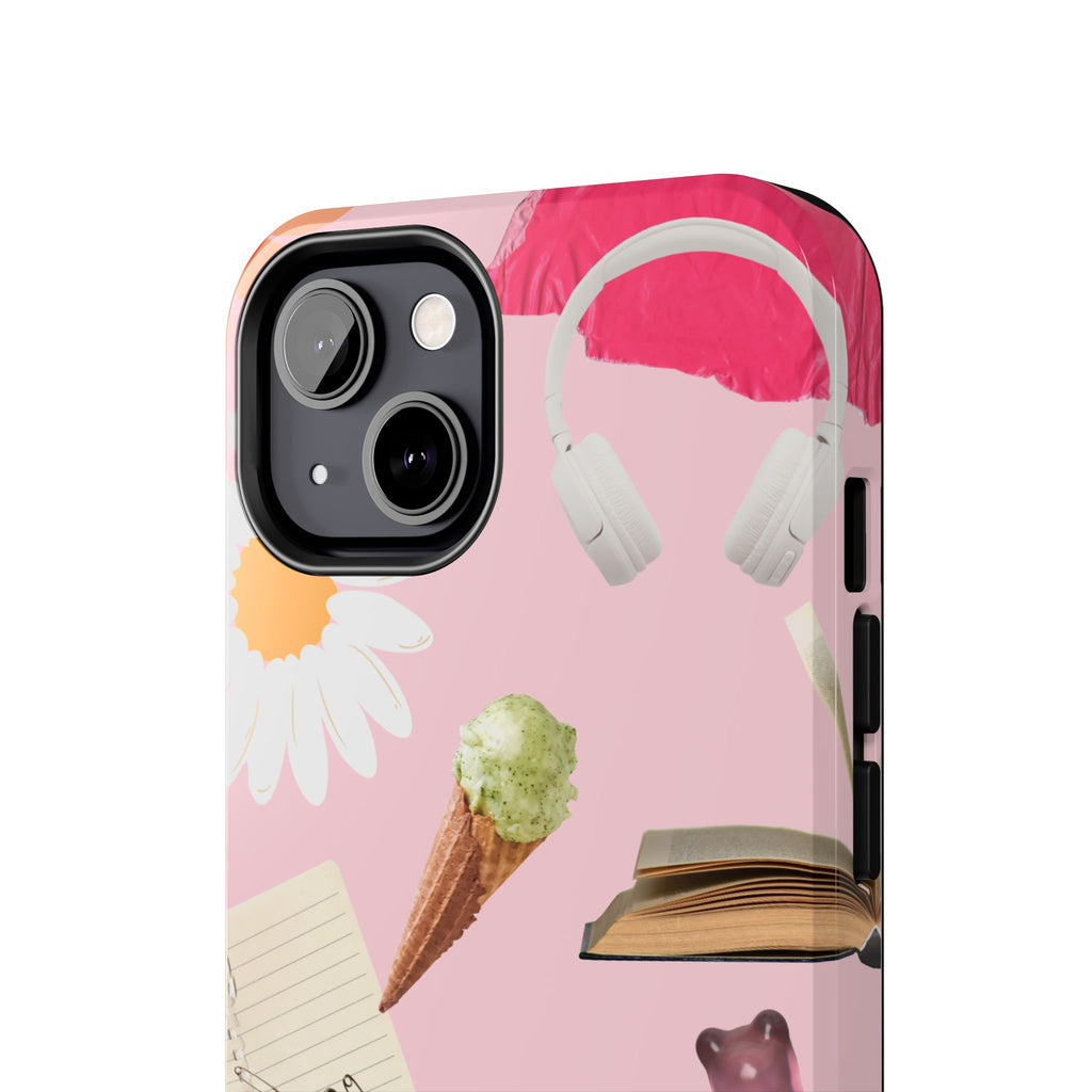 Pastel Collage Tough Phone Case – Cute Floral, Camera & Snacks Pattern