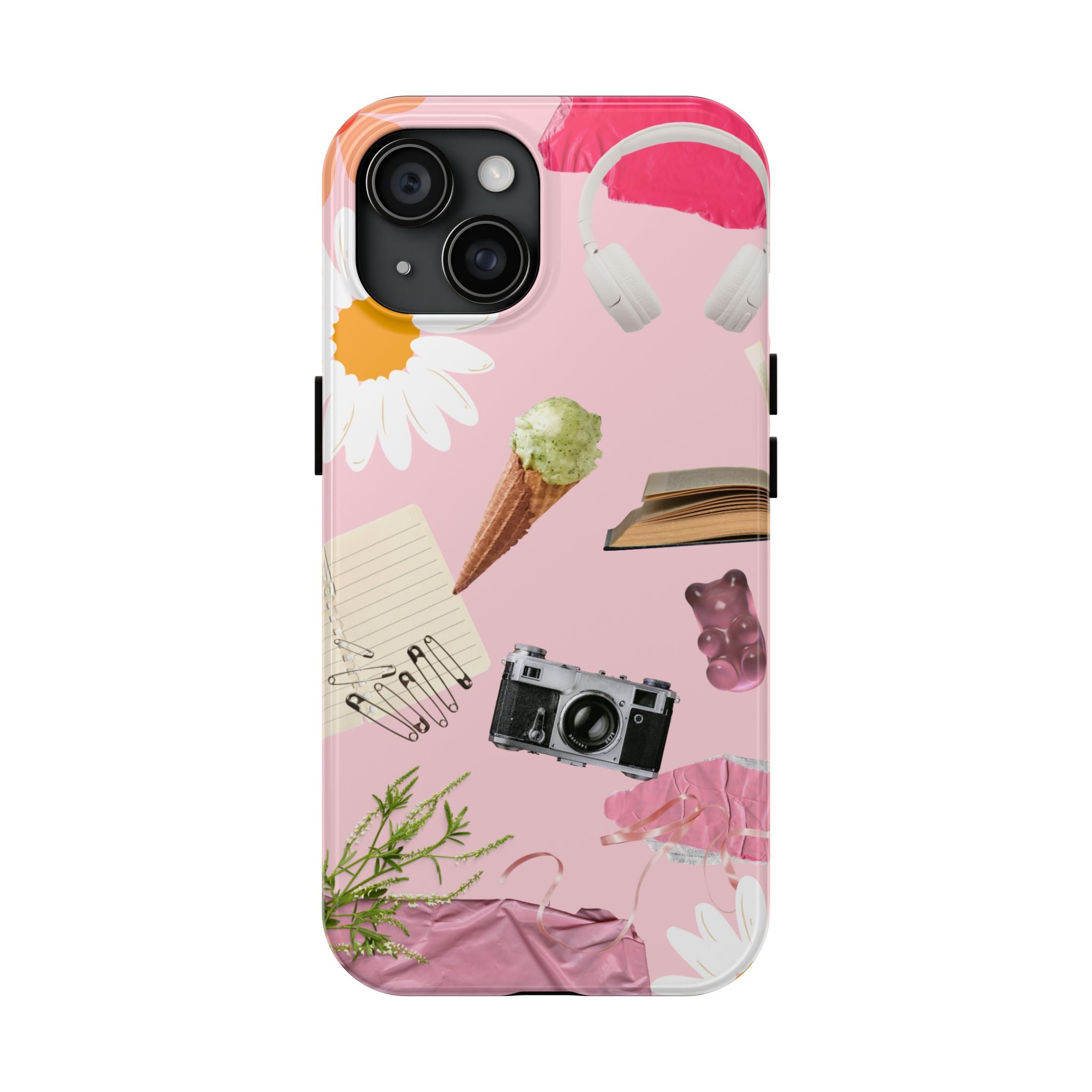 Pastel Collage Tough Phone Case – Cute Floral, Camera & Snacks Pattern