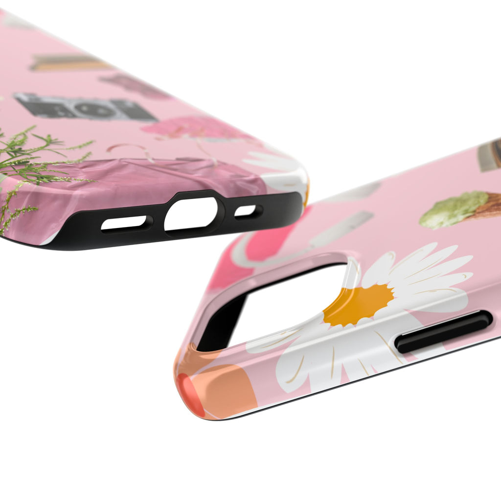 Pastel Collage Tough Phone Case – Cute Floral, Camera & Snacks Pattern