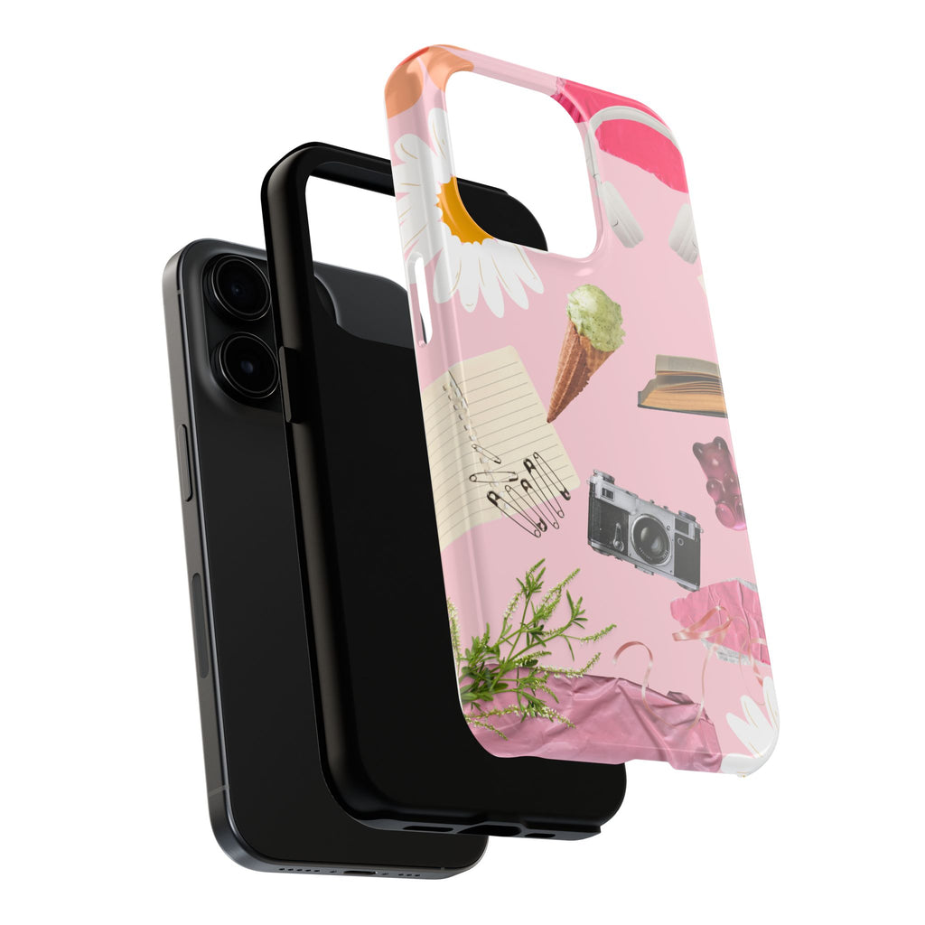 Pastel Collage Tough Phone Case – Cute Floral, Camera & Snacks Pattern