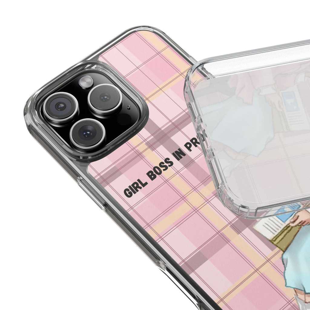 Girl Boss in Progress Clear Phone Case – Pink Plaid Feminine iPhone Cover